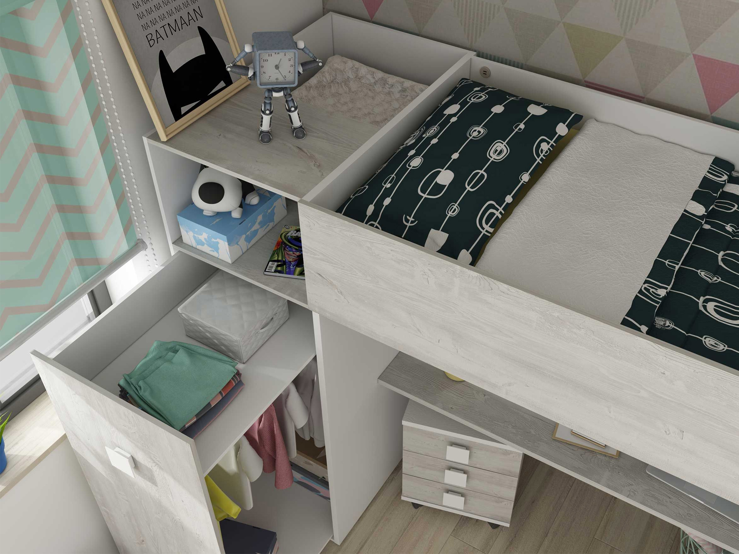 Loftseng med Skrivebord og Garderobe 90x200 - Hvit/Eik