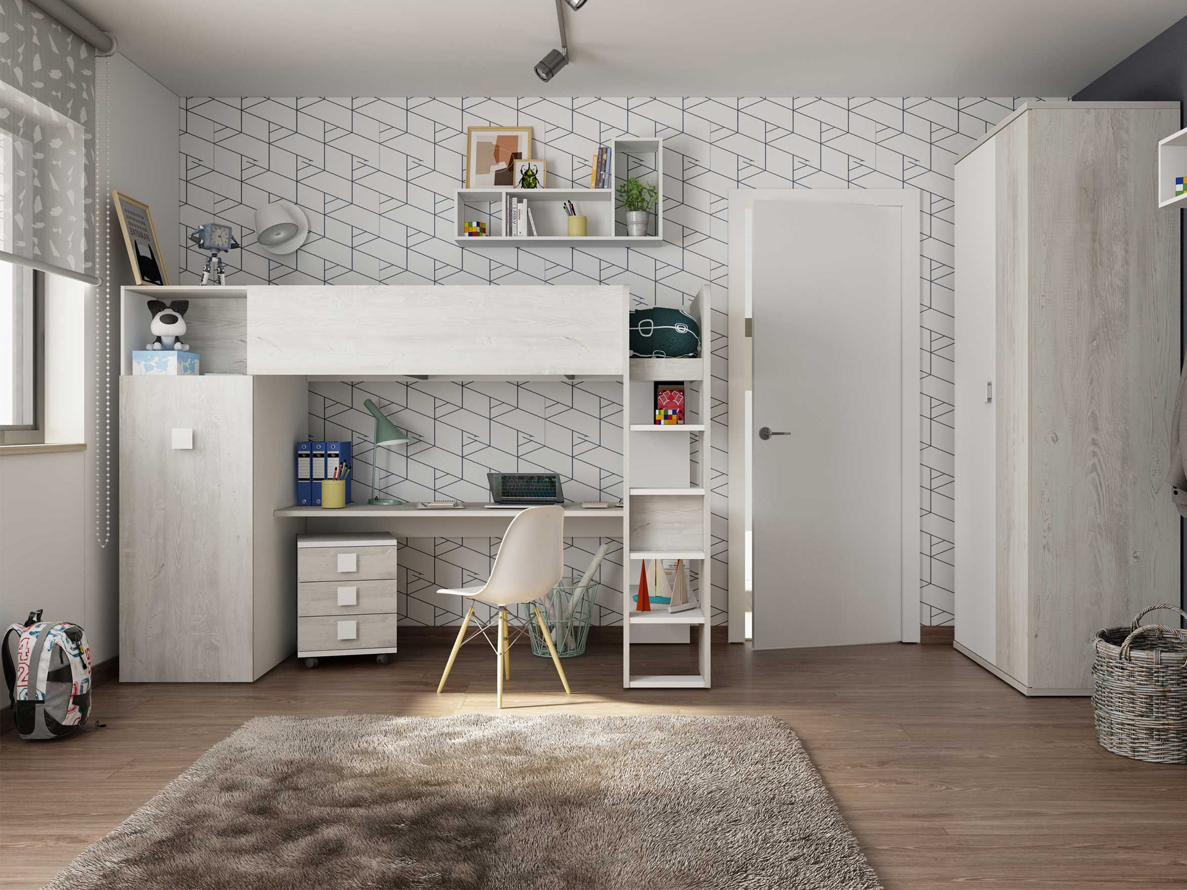 Loftseng med Skrivebord og Garderobe 90x200 - Hvit/Eik