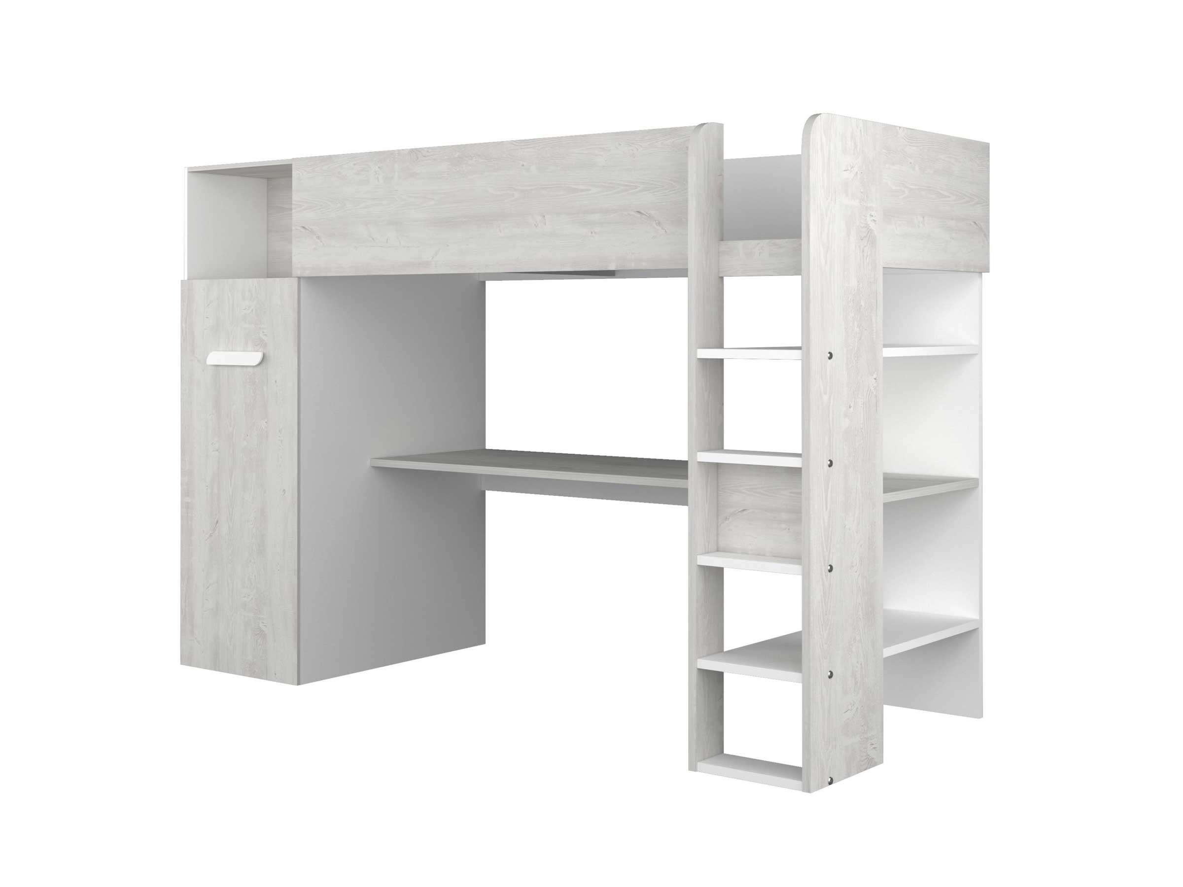 Loftseng med Skrivebord og Garderobe 90x200 - Hvit/Eik