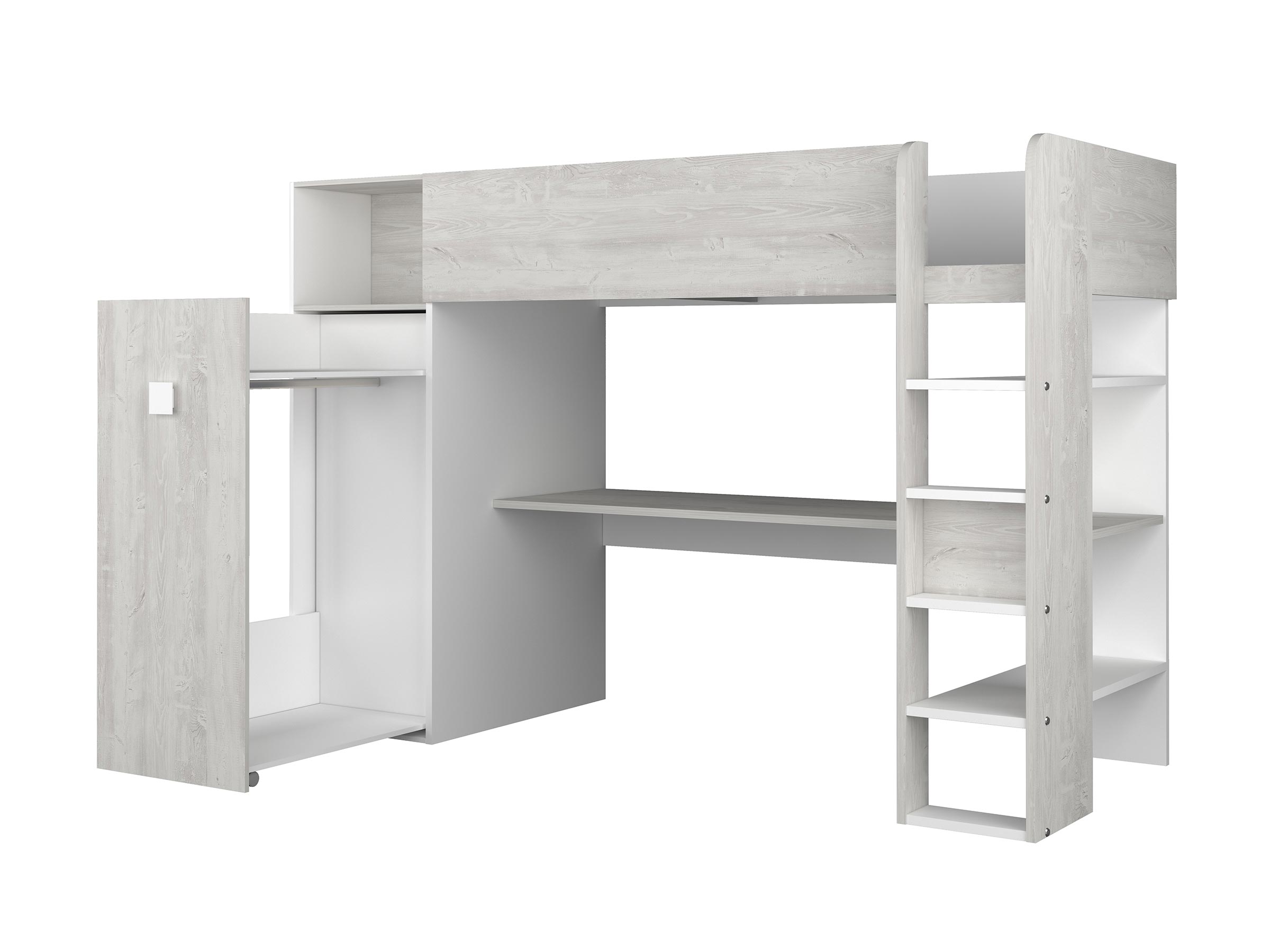 Loftseng med Skrivebord og Garderobe 90x200 - Hvit/Eik