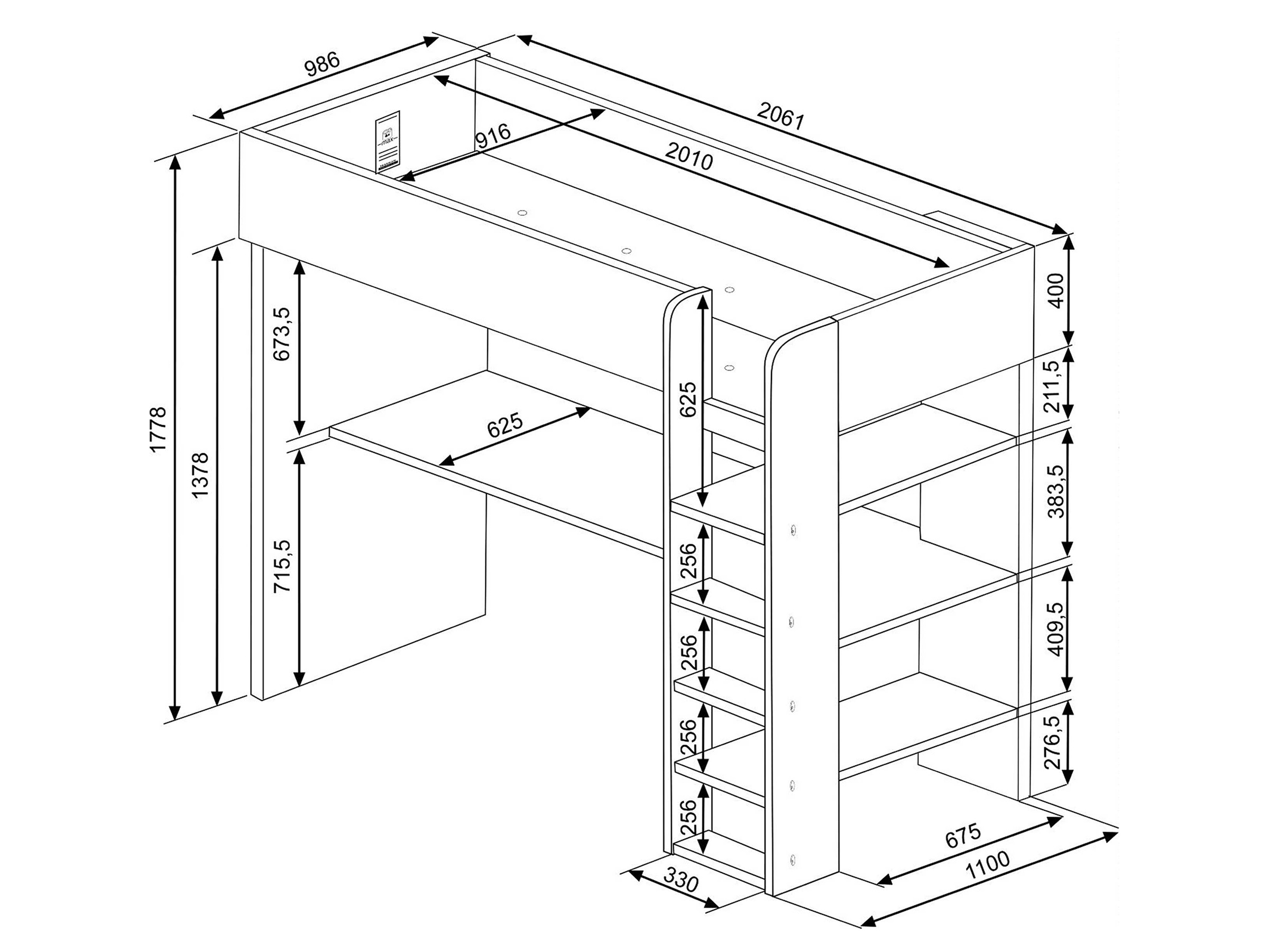 Loftseng med Skrivebord og Garderobe 90x200 - Hvit/Eik