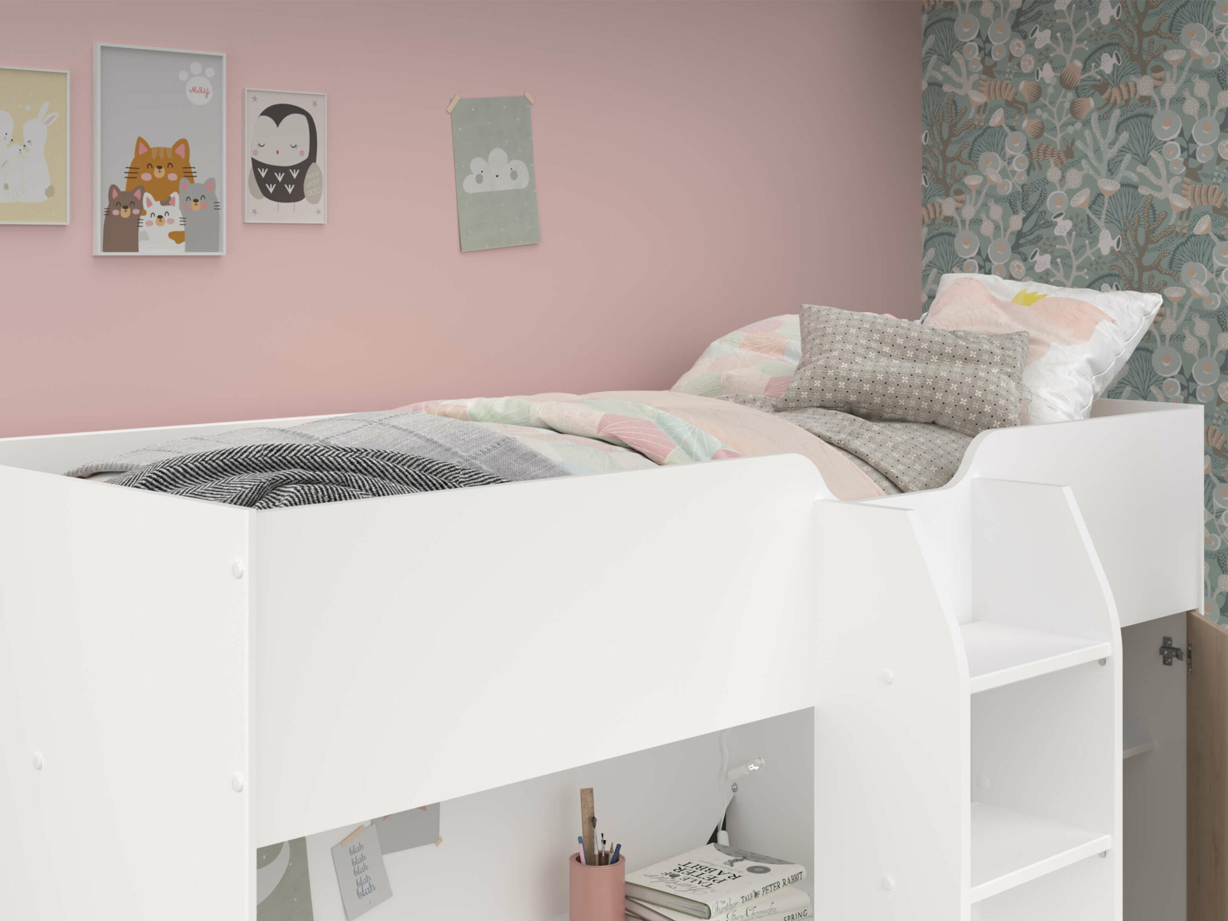 Junior Loftseng med Garderobe 90x200 - Hvit/Natur