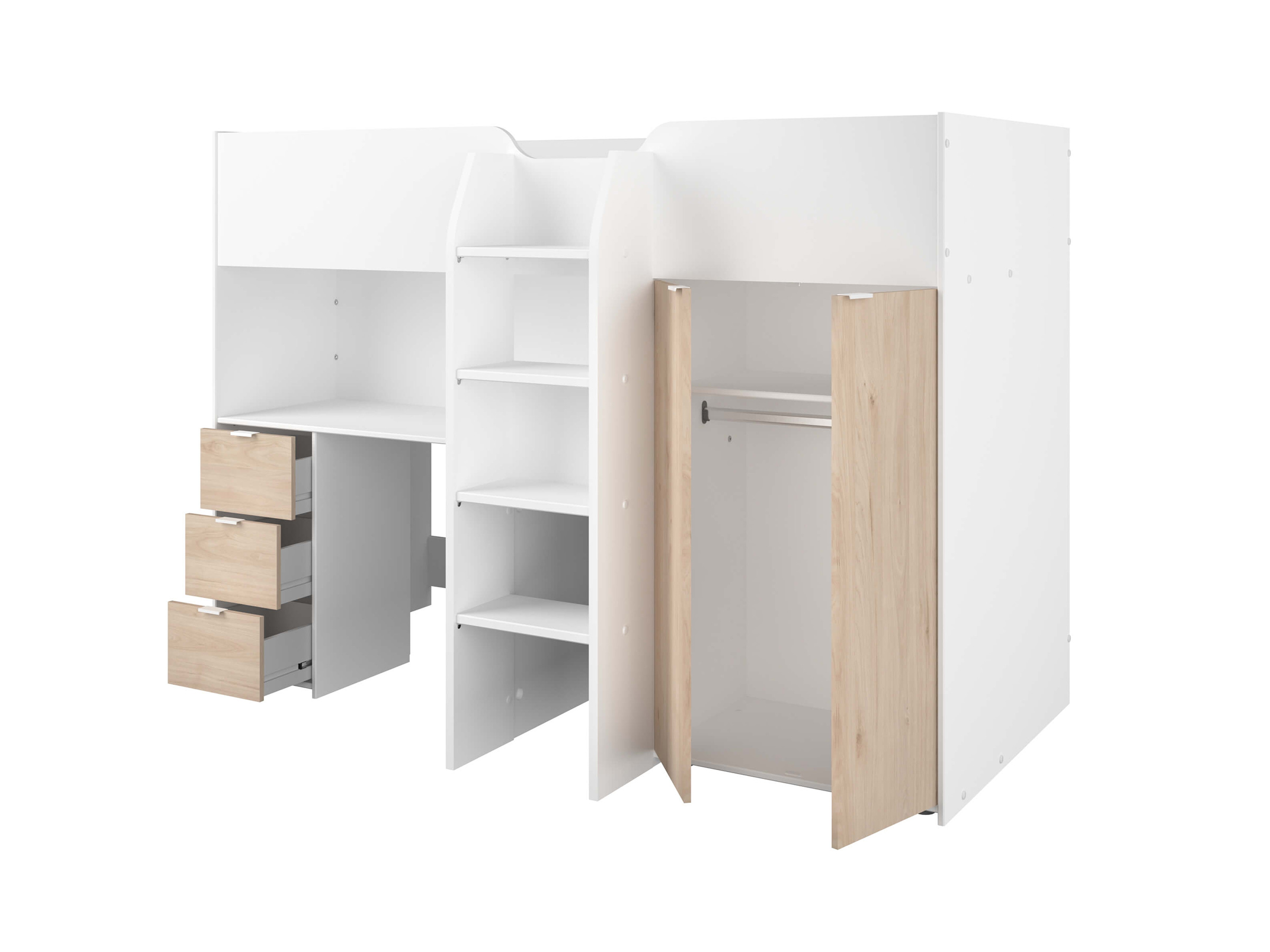 Junior Loftseng med Garderobe 90x200 - Hvit/Natur
