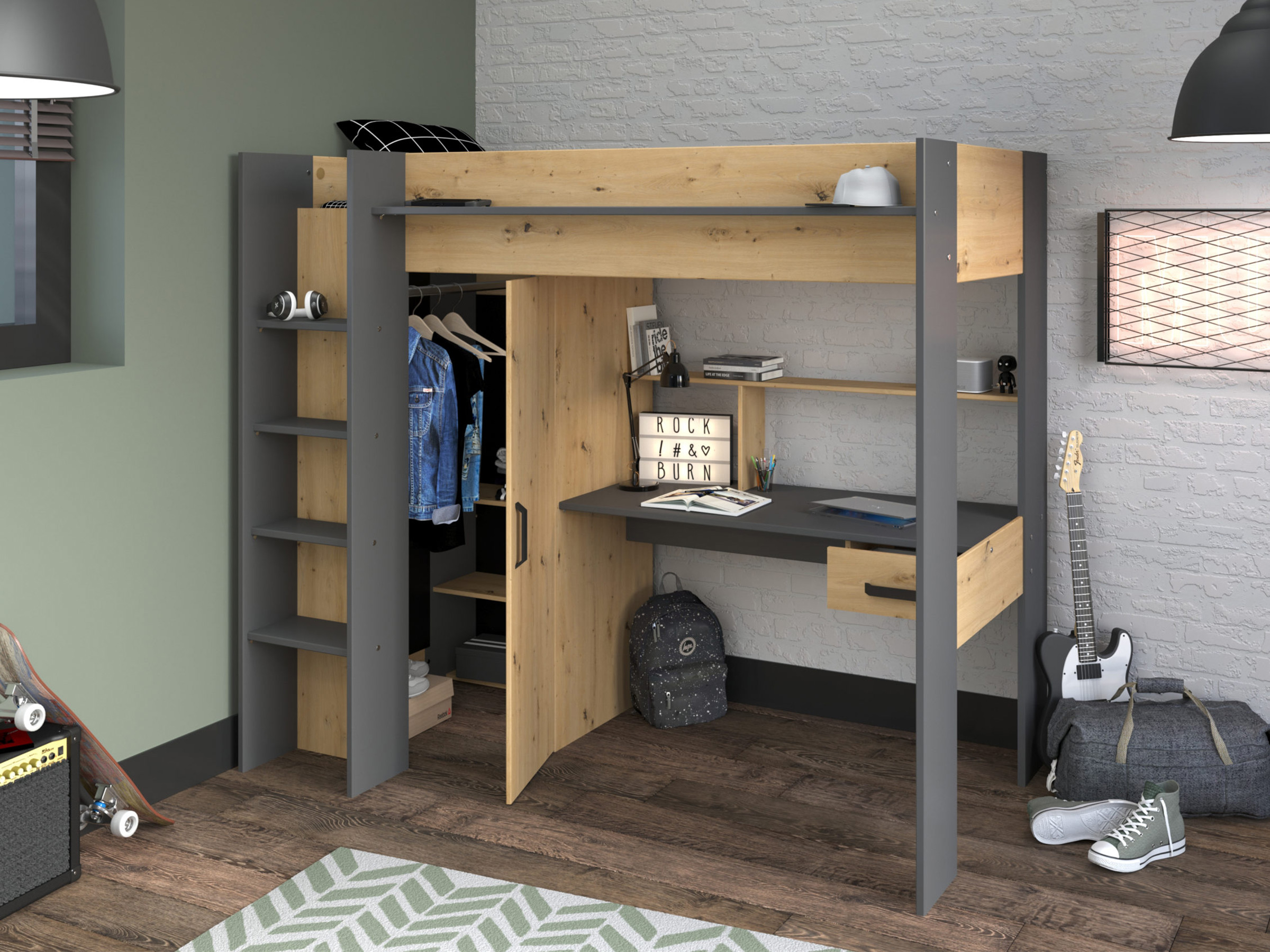 Grayson Loftseng med Skrivebord og Garderobe 90x200 - Sort/Natur