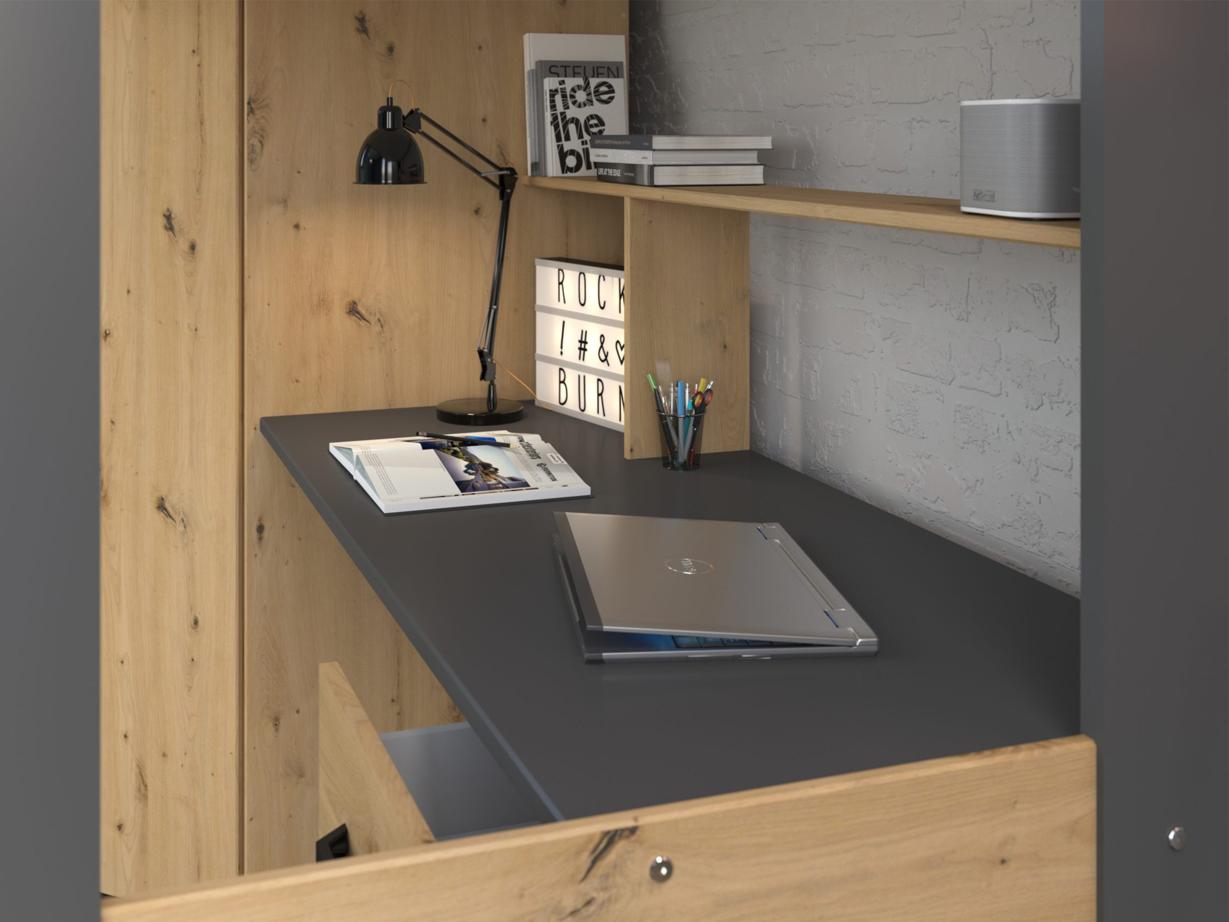Grayson Loftseng med Skrivebord og Garderobe 90x200 - Sort/Natur