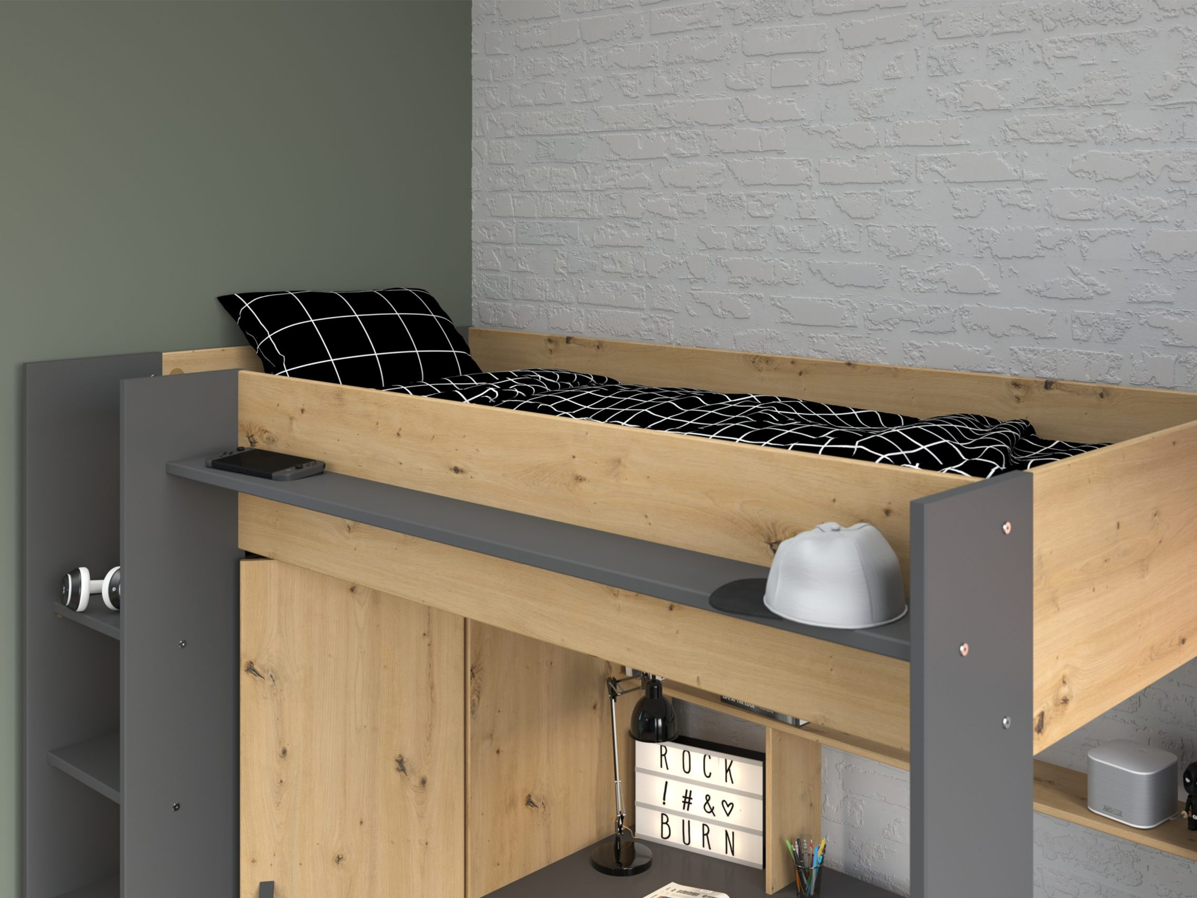Grayson Loftseng med Skrivebord og Garderobe 90x200 - Sort/Natur