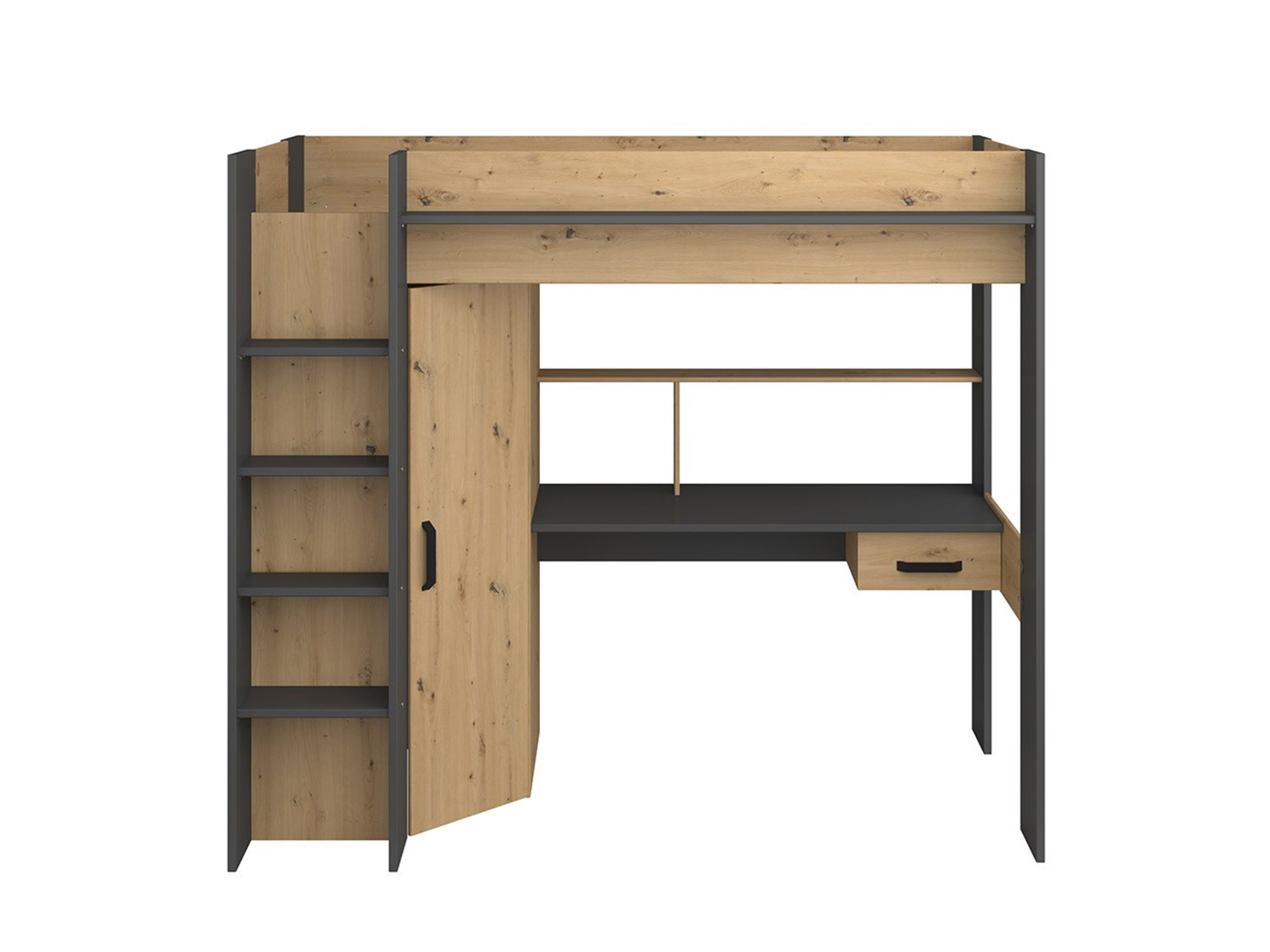 Grayson Loftseng med Skrivebord og Garderobe 90x200 - Sort/Natur