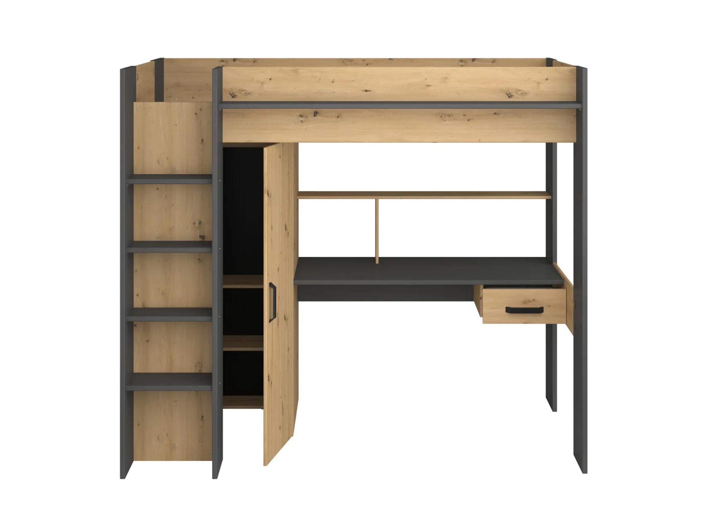 Grayson Loftseng med Skrivebord og Garderobe 90x200 - Sort/Natur