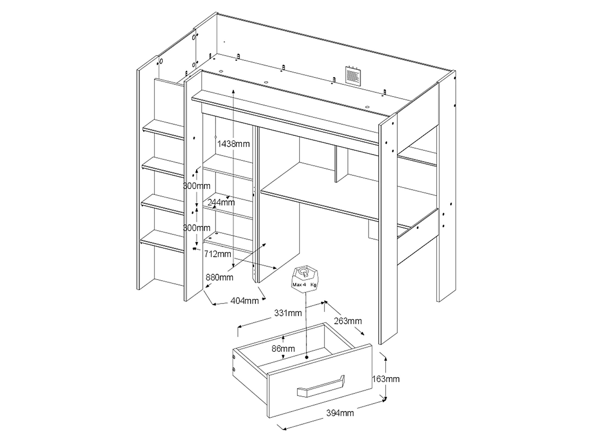 Grayson Loftseng med Skrivebord og Garderobe 90x200 - Sort/Natur
