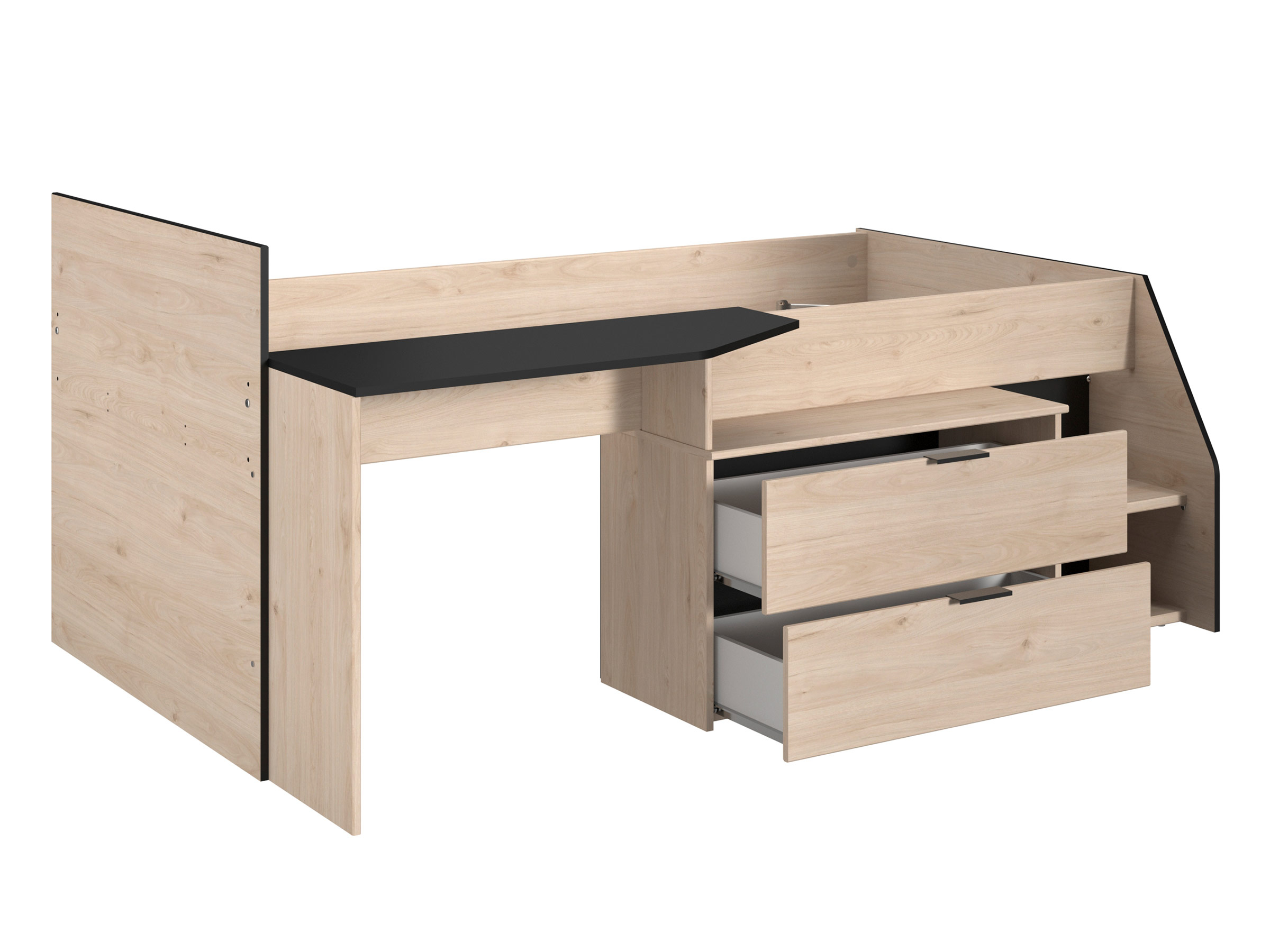 Milky Halvhøy Seng med Skrivebord 90x200 - Natur/Sort