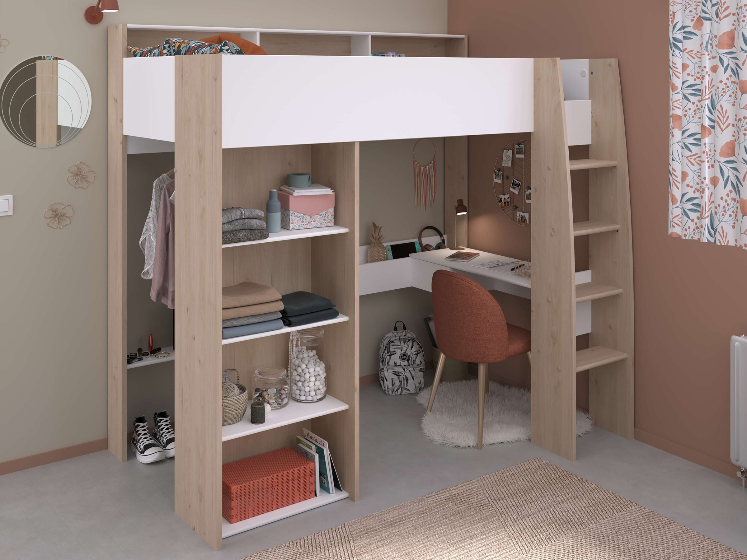 Shelter Loftseng med Skrivebord og Skap 90x200 – Natur/Hvit