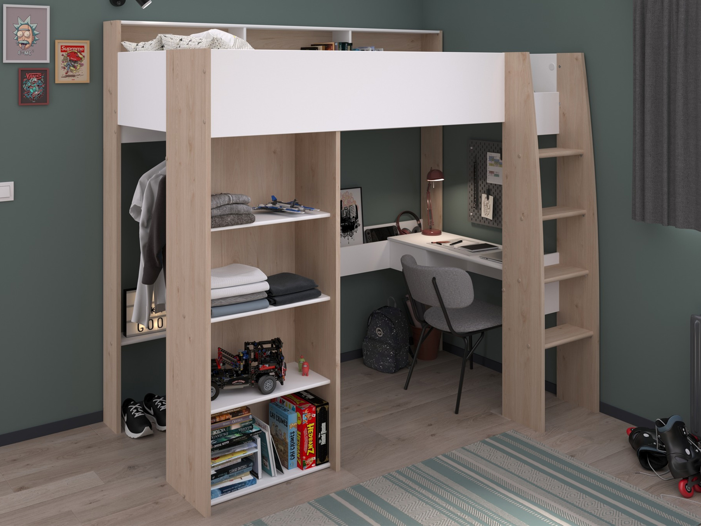 Shelter Loftseng med Skrivebord og Skap 90x200 – Natur/Hvit