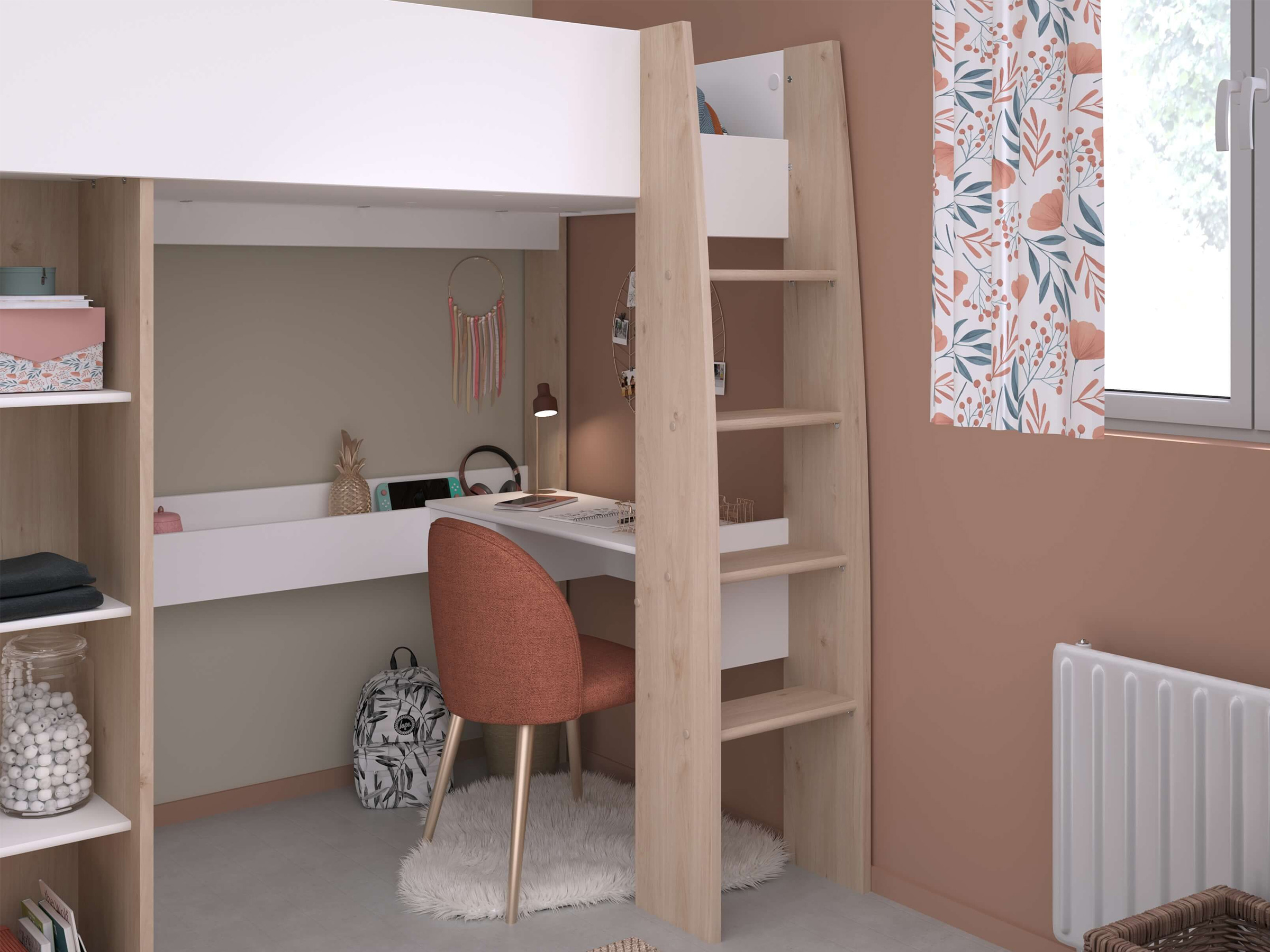 Shelter Loftseng med Skrivebord og Skap 90x200 – Natur/Hvit