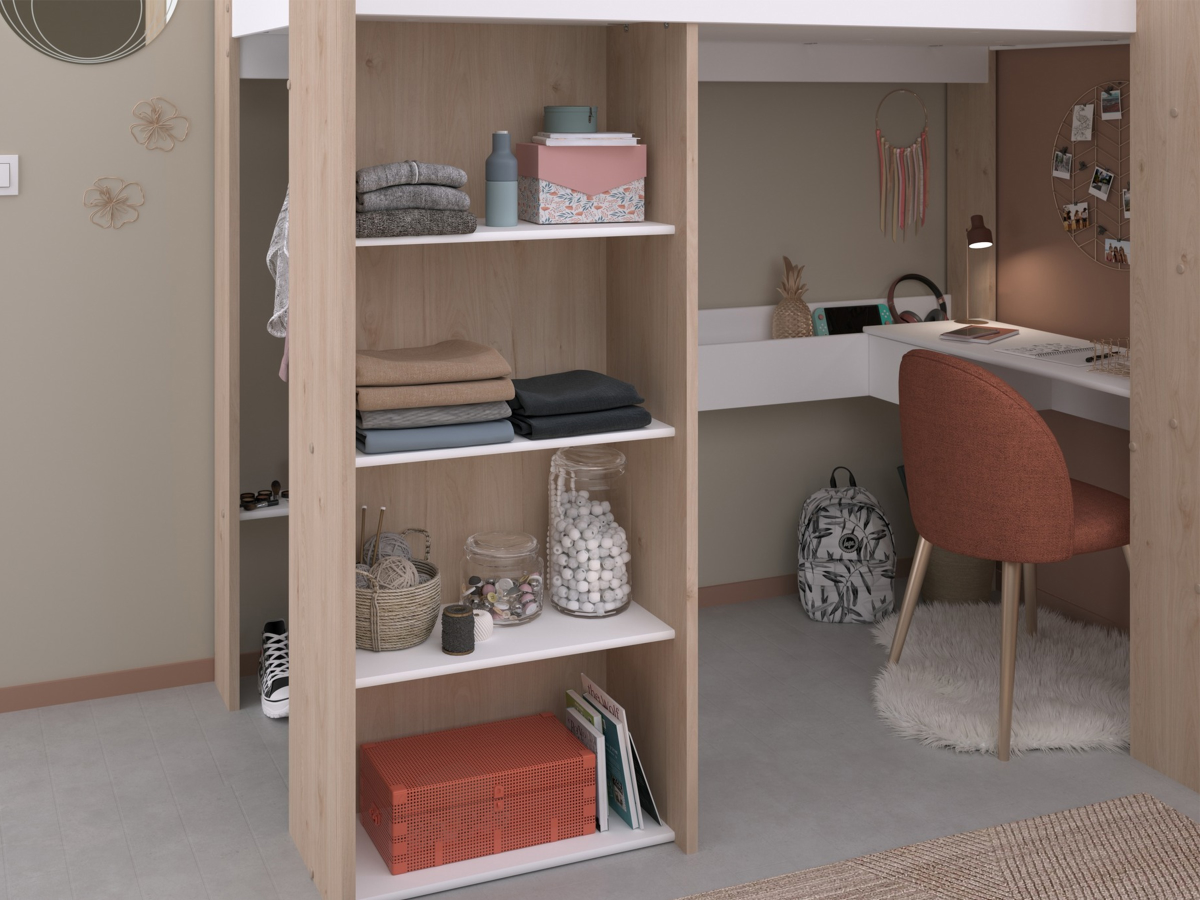 Shelter Loftseng med Skrivebord og Skap 90x200 – Natur/Hvit