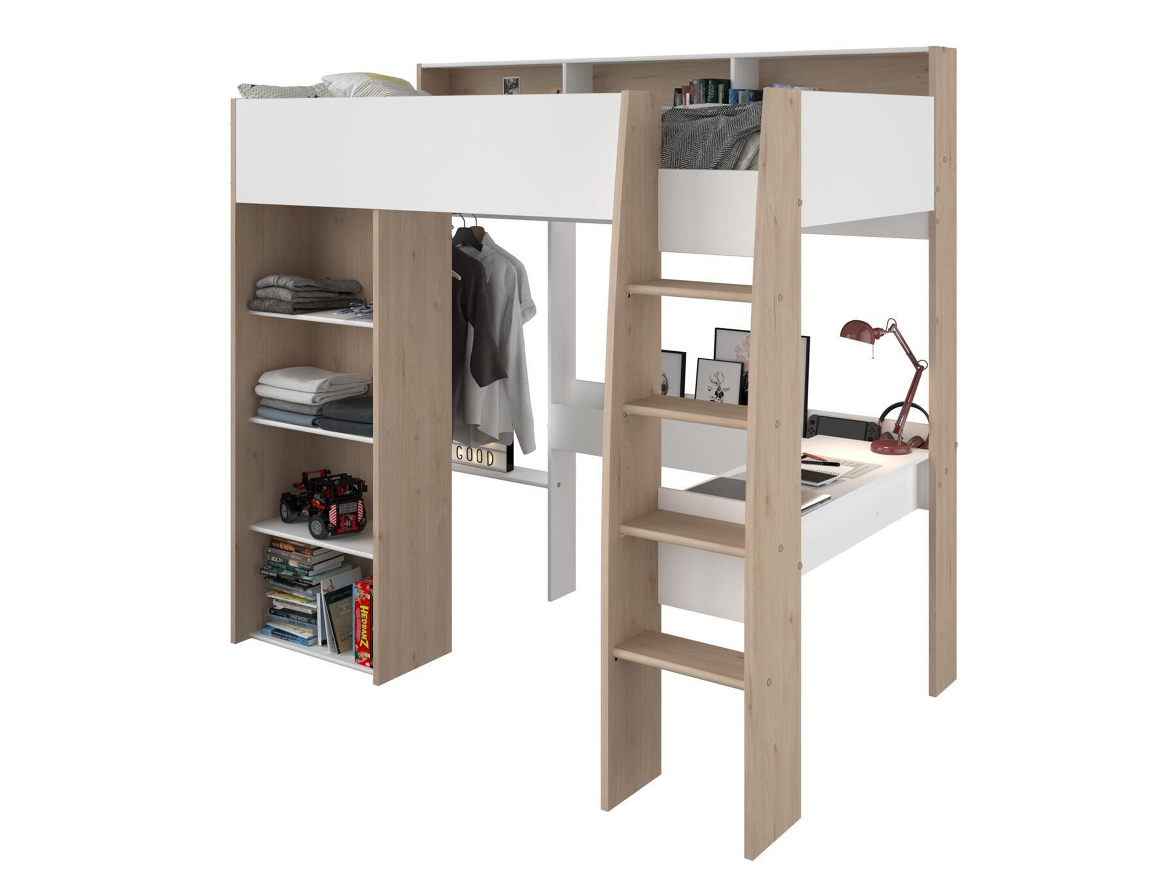 Shelter Loftseng med Skrivebord og Skap 90x200 – Natur/Hvit