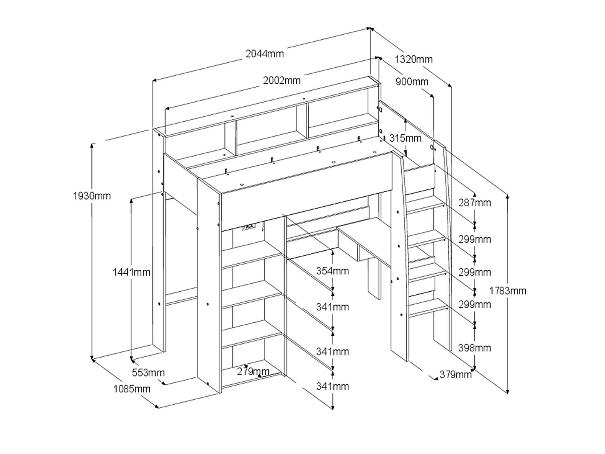Shelter Loftseng med Skrivebord og Skap 90x200 – Natur/Hvit