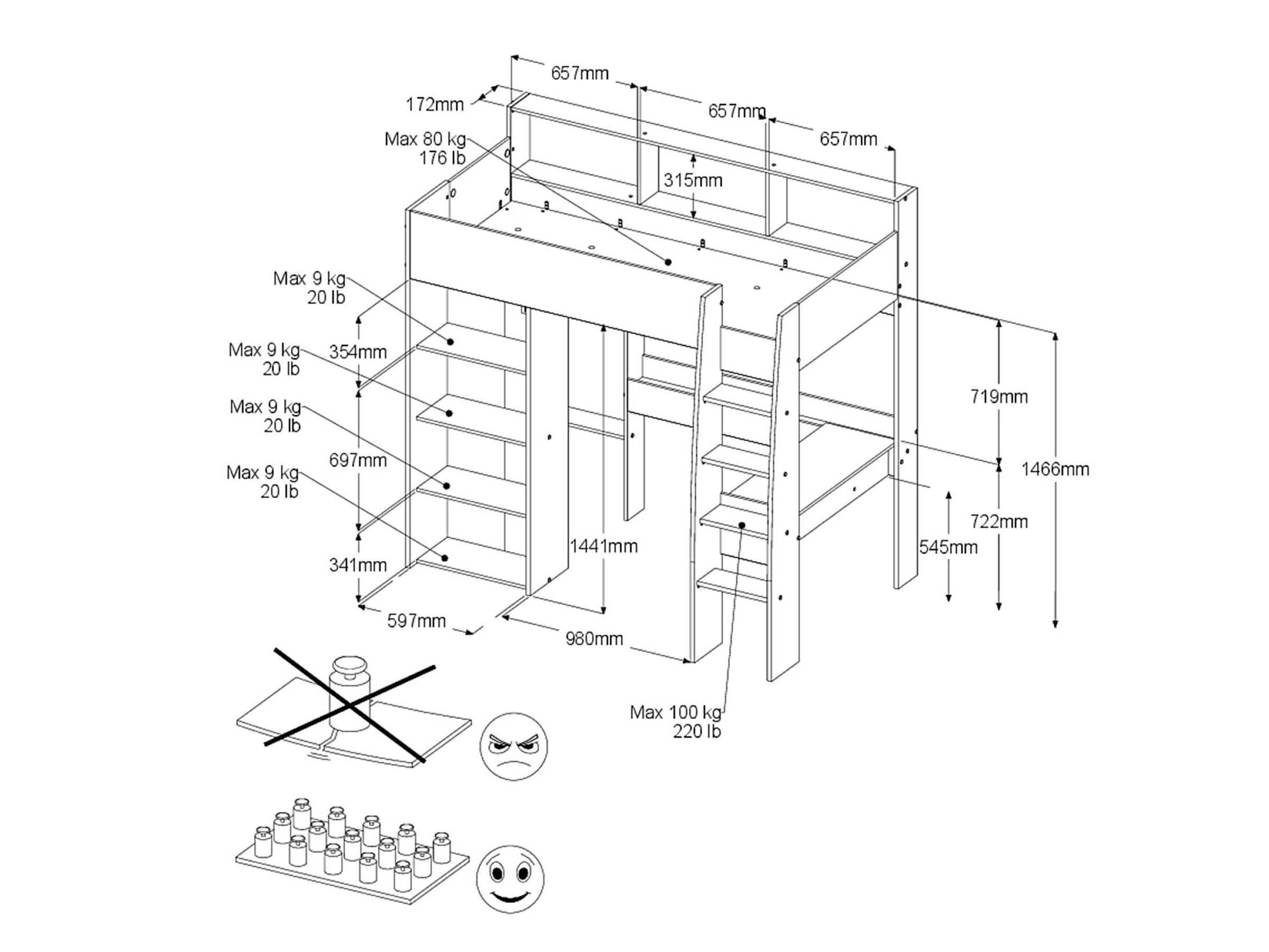 Shelter Loftseng med Skrivebord og Skap 90x200 – Natur/Hvit