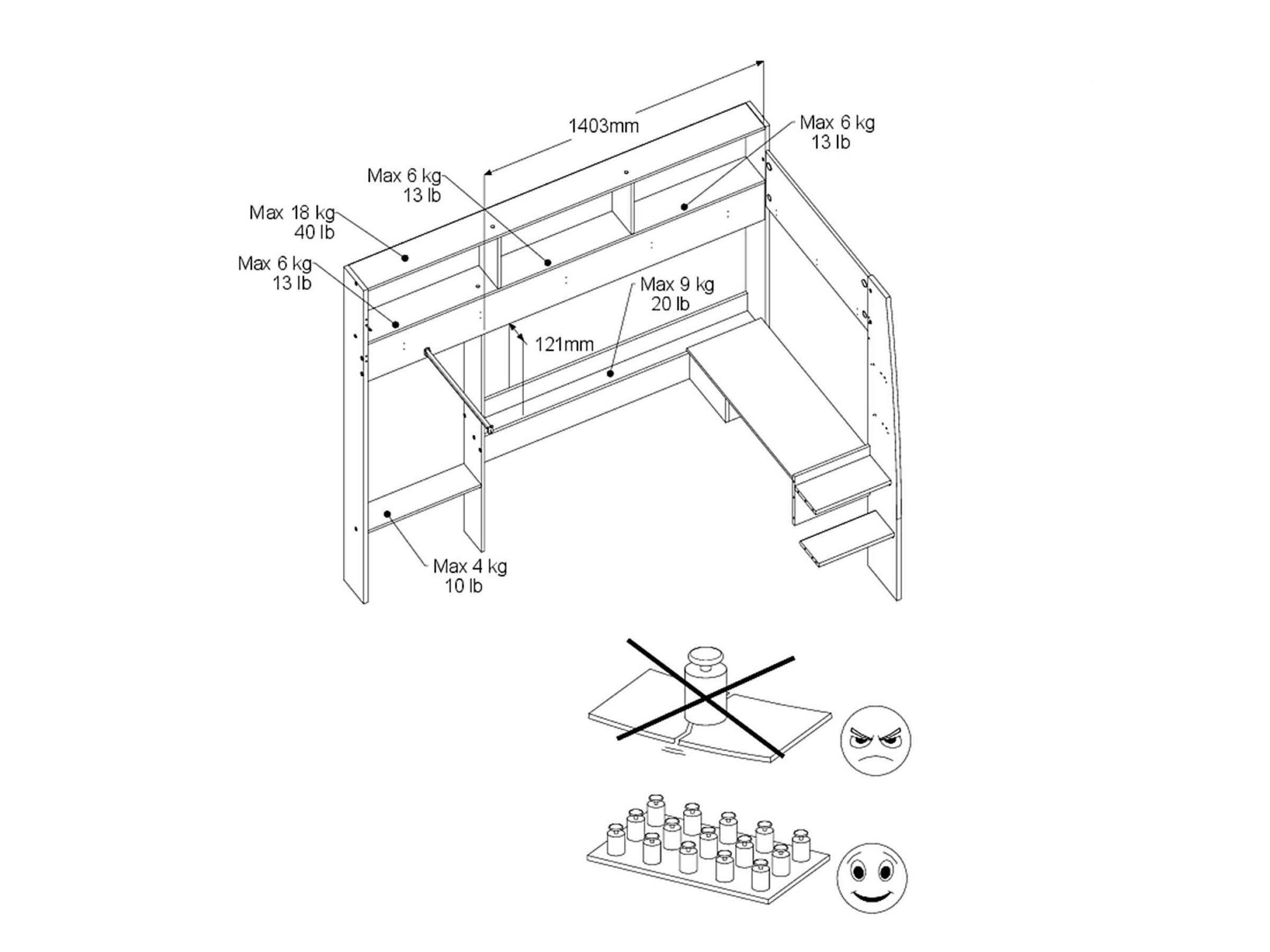 Shelter Loftseng med Skrivebord og Skap 90x200 – Natur/Hvit