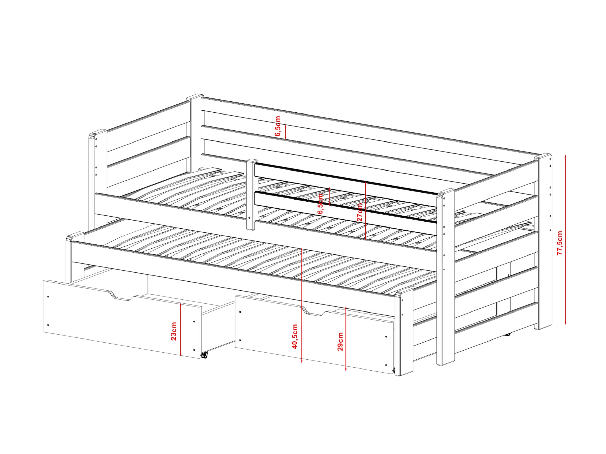 Senso Barneseng med Uttrekkbar Gjesteseng og Skuffer 90x200 - Hvit