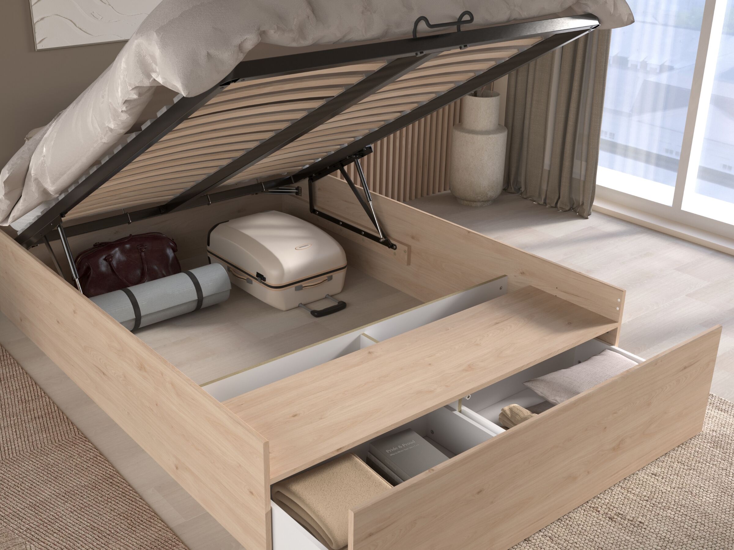 LUKA Seng med oppbevaring og skuff 140x200 - Natur