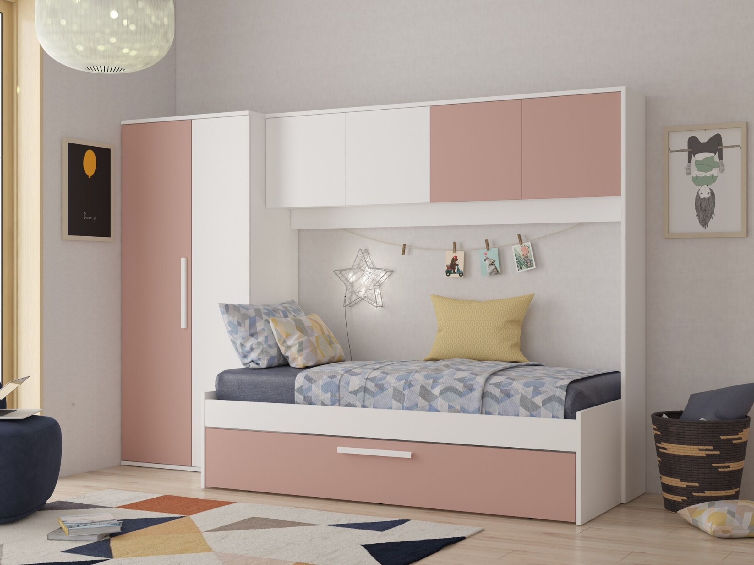 Artik Kompakt Seng med Garderobeskap og Gjesteseng 90x200 - Rosa/Hvit