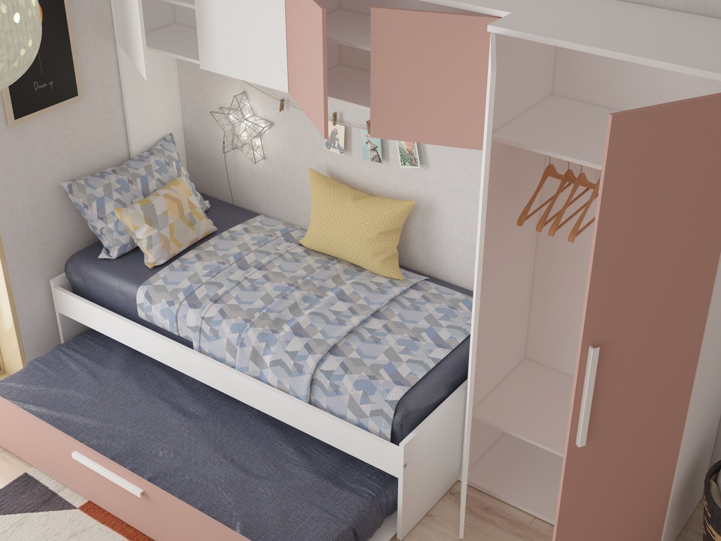 Artik Kompakt Seng med Garderobeskap og Gjesteseng 90x200 - Rosa/Hvit