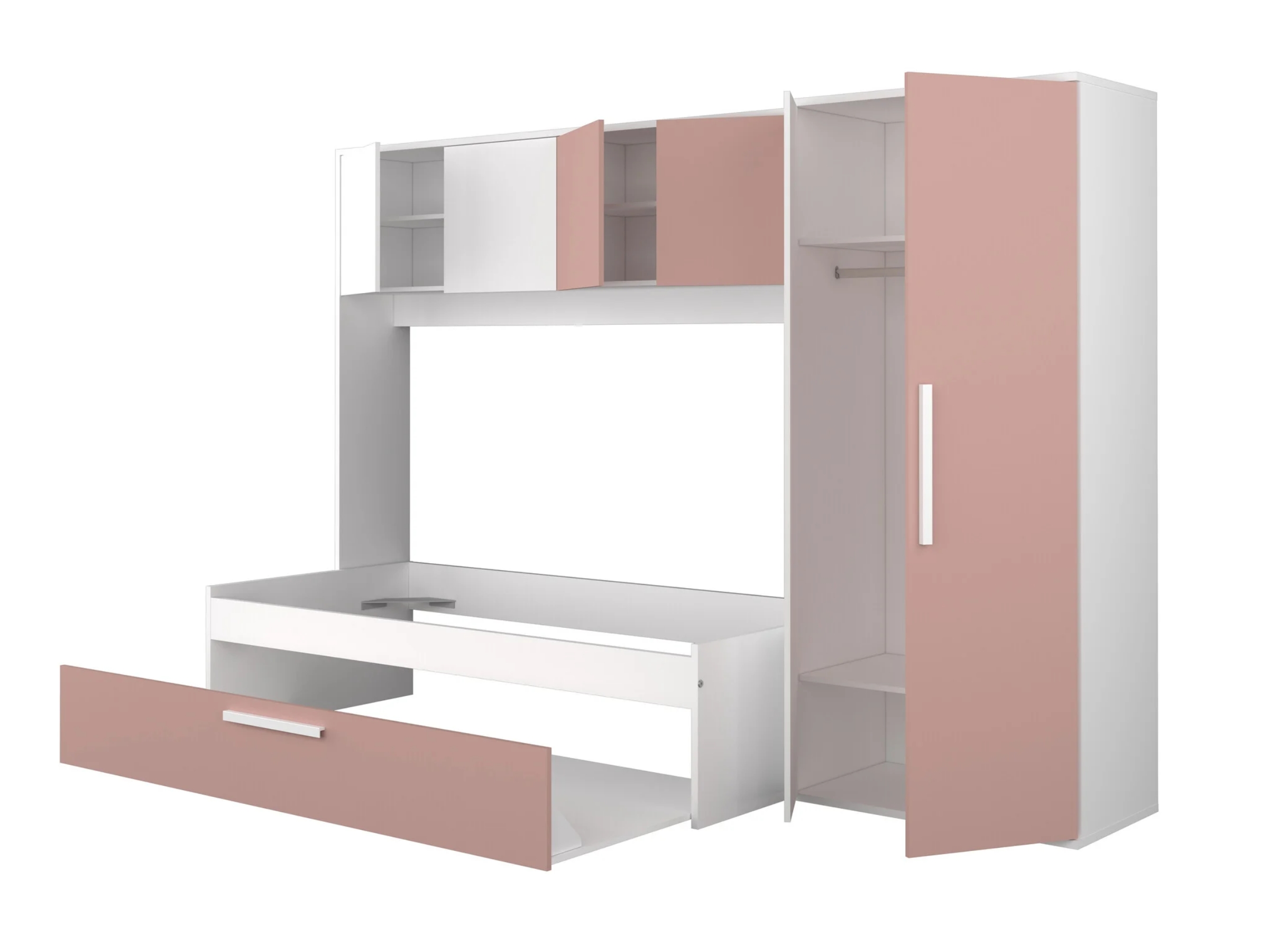 Artik Kompakt Seng med Garderobeskap og Gjesteseng 90x200 - Rosa/Hvit