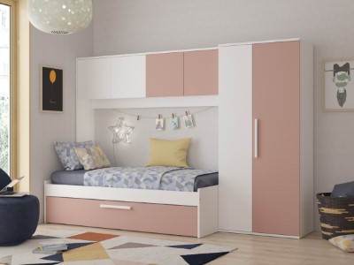 Artik Kompakt Seng med Garderobeskap og Gjesteseng 90x200 - Rosa/Hvit