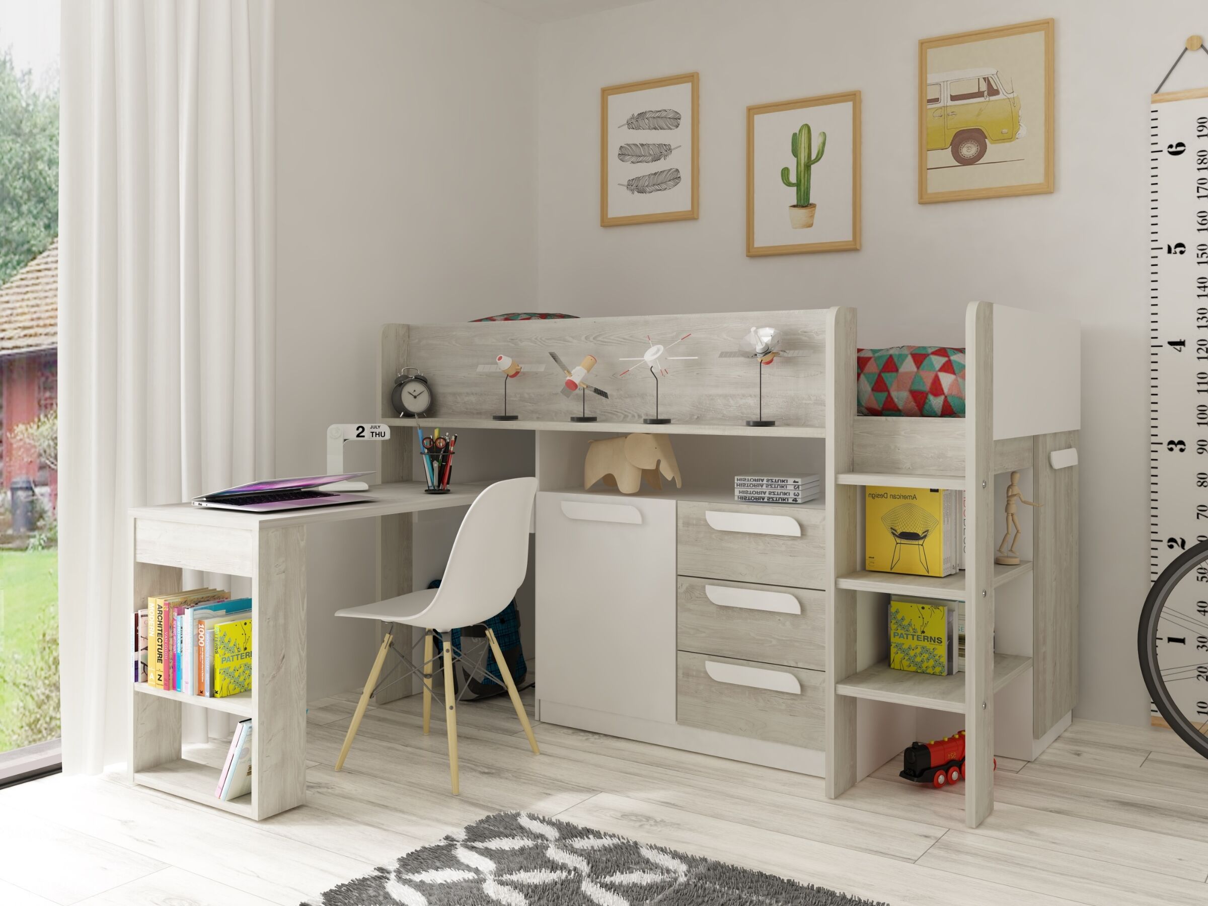 Exclusive Halvhøy Seng med Skrivebord 90x200 - Hvit/Natur