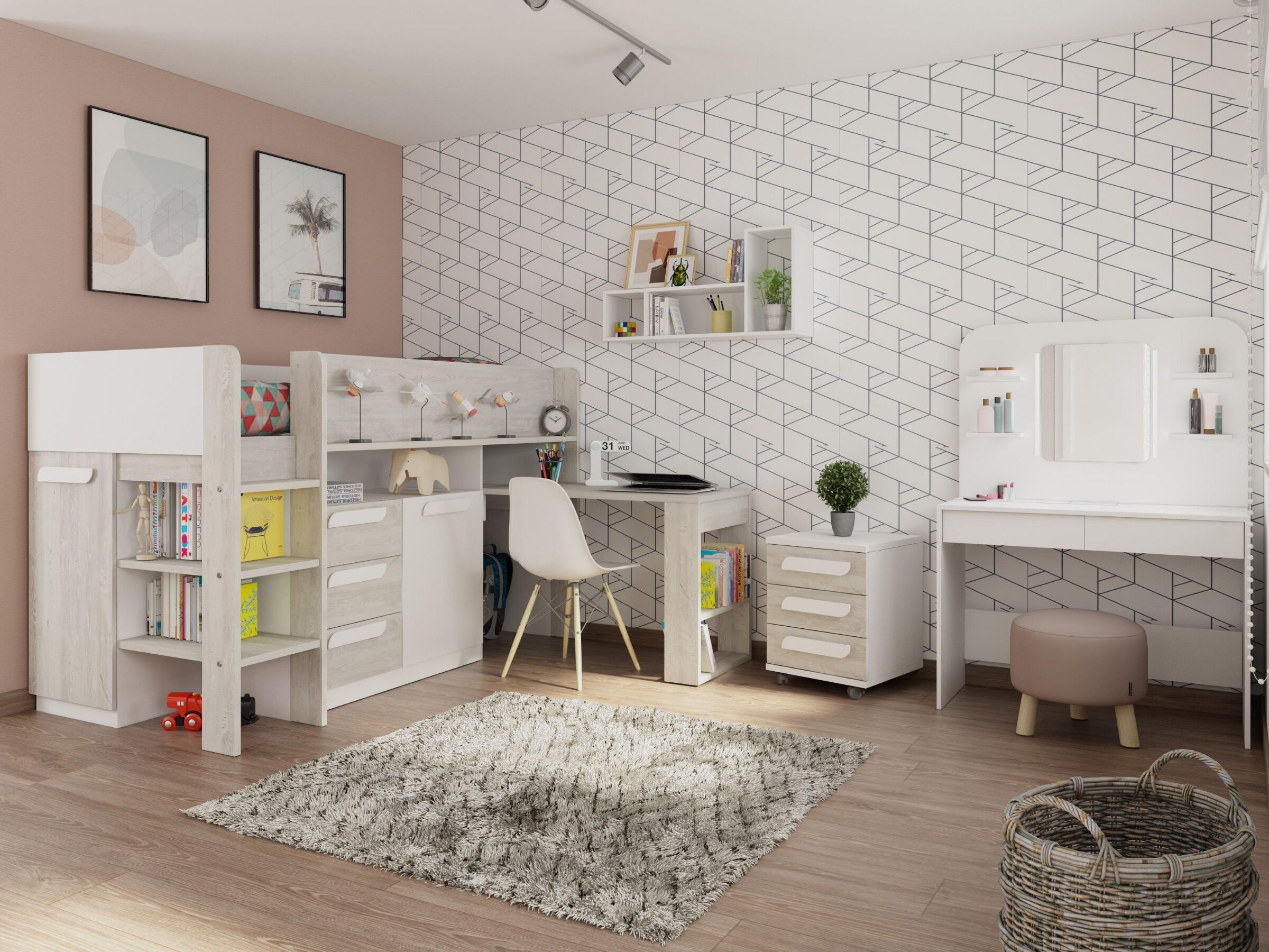 Exclusive Halvhøy Seng med Skrivebord 90x200 - Hvit/Natur