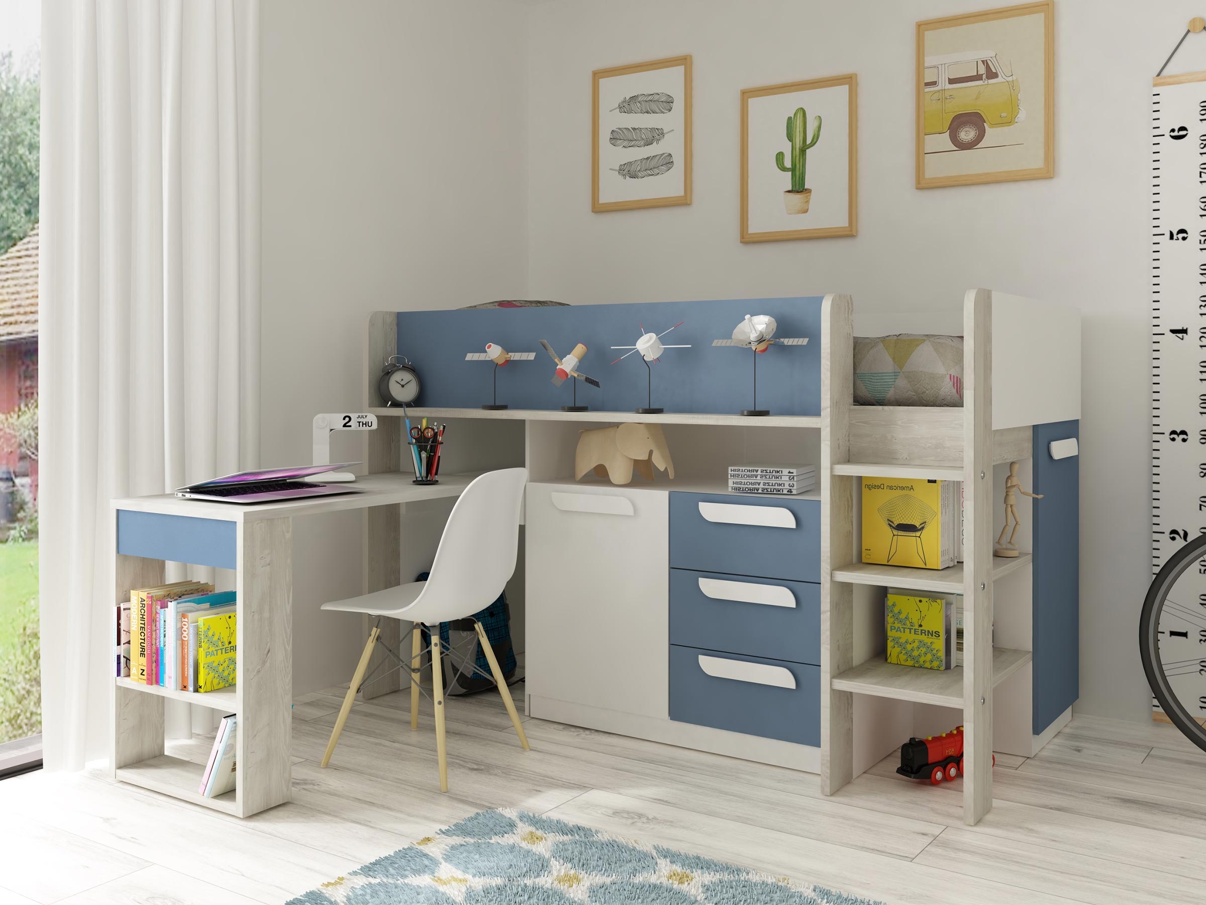 Exclusive Halvhøy Seng med Skrivebord 90x200 - Blå/Natur