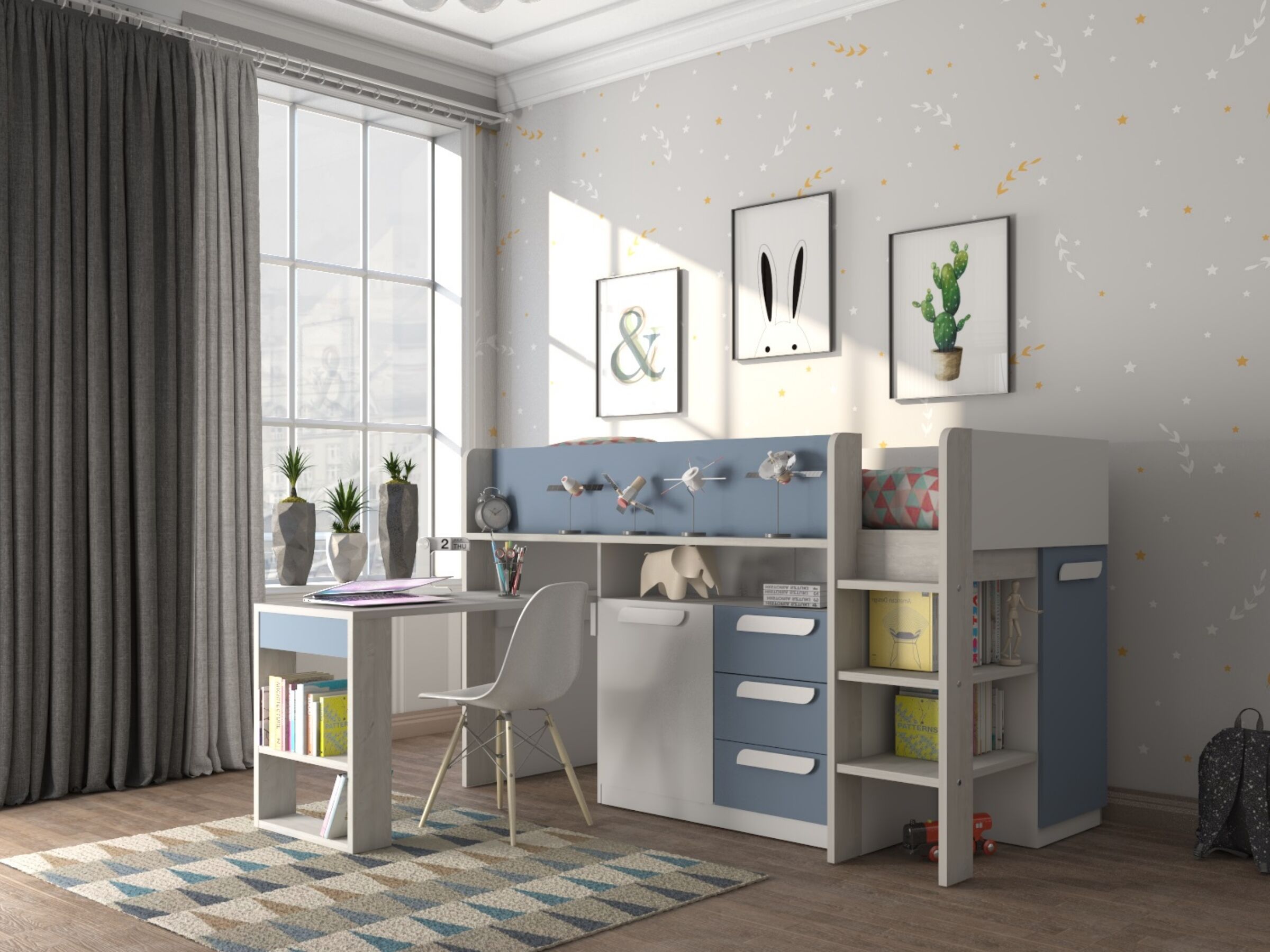 Exclusive Halvhøy Seng med Skrivebord 90x200 - Blå/Natur