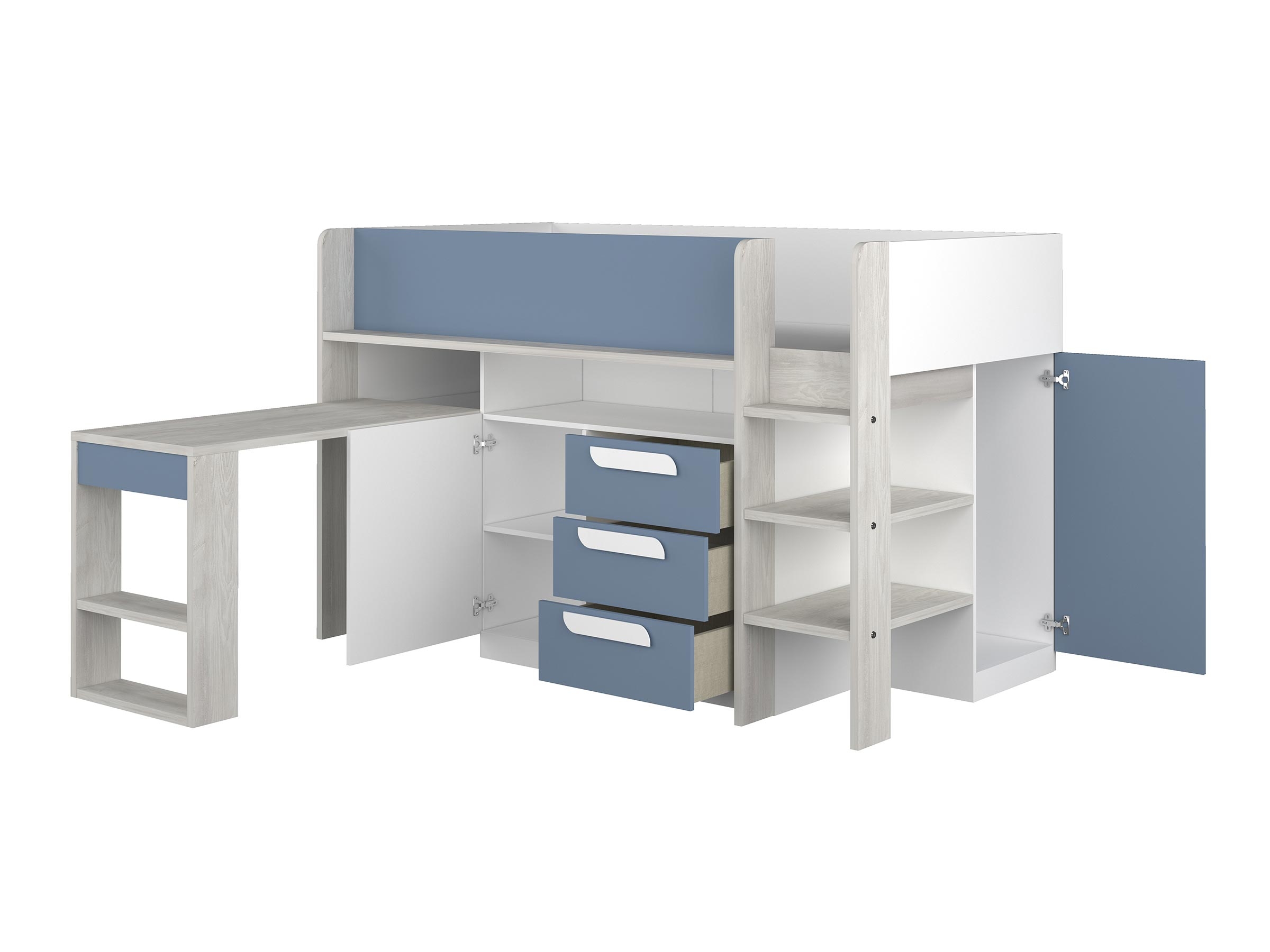 Exclusive Halvhøy Seng med Skrivebord 90x200 - Blå/Natur