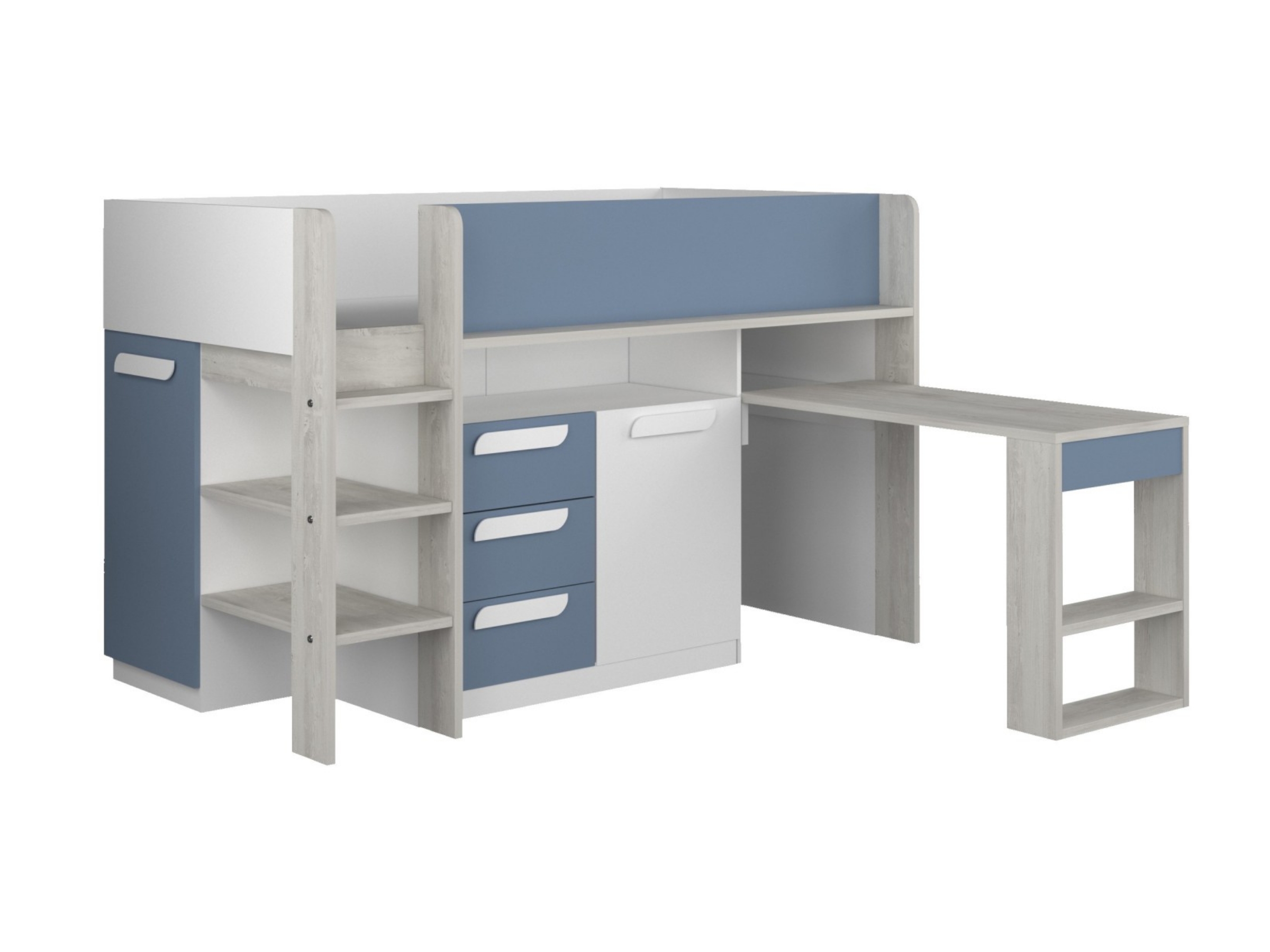 Exclusive Halvhøy Seng med Skrivebord 90x200 - Blå/Natur
