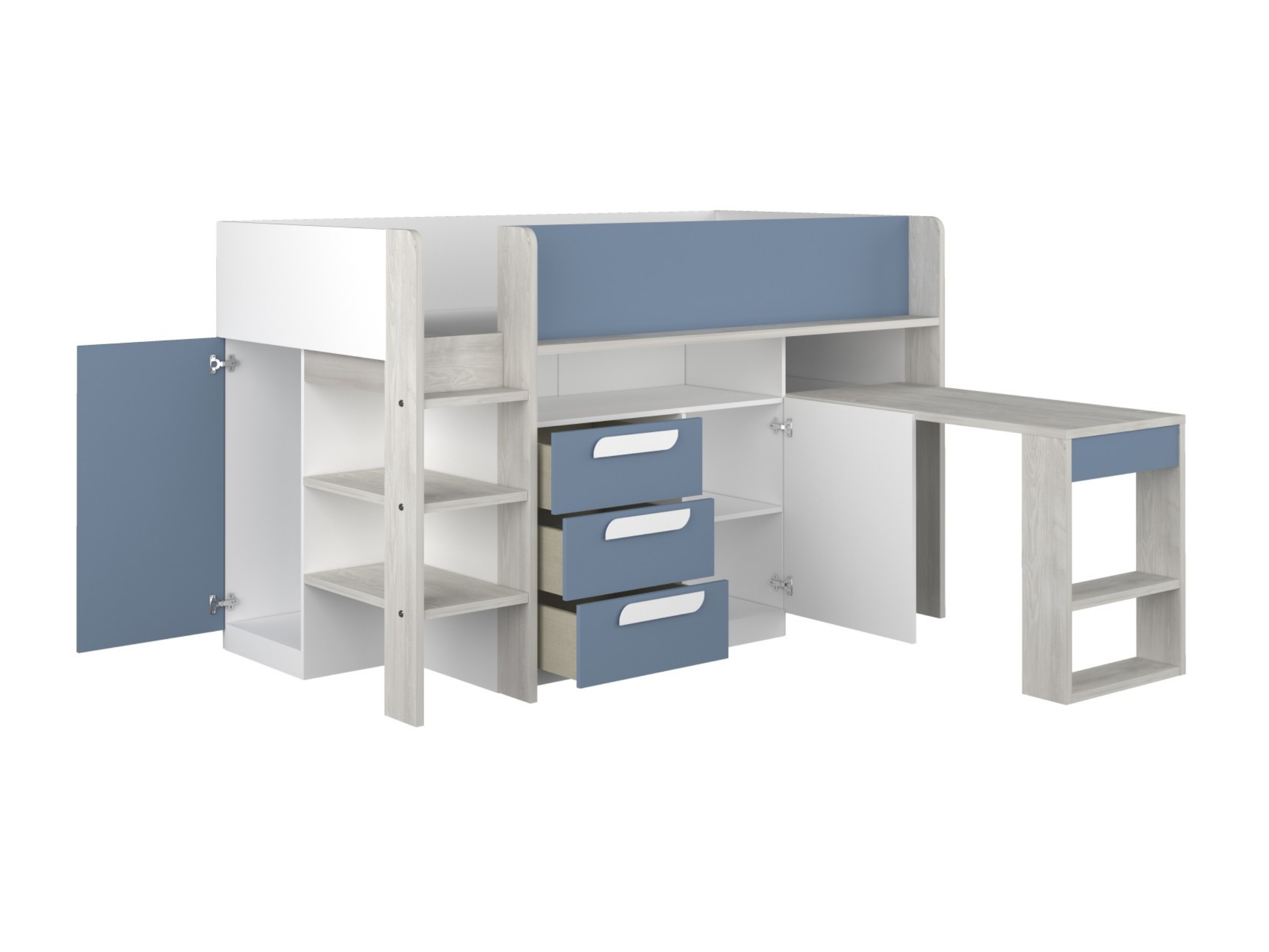 Exclusive Halvhøy Seng med Skrivebord 90x200 - Blå/Natur