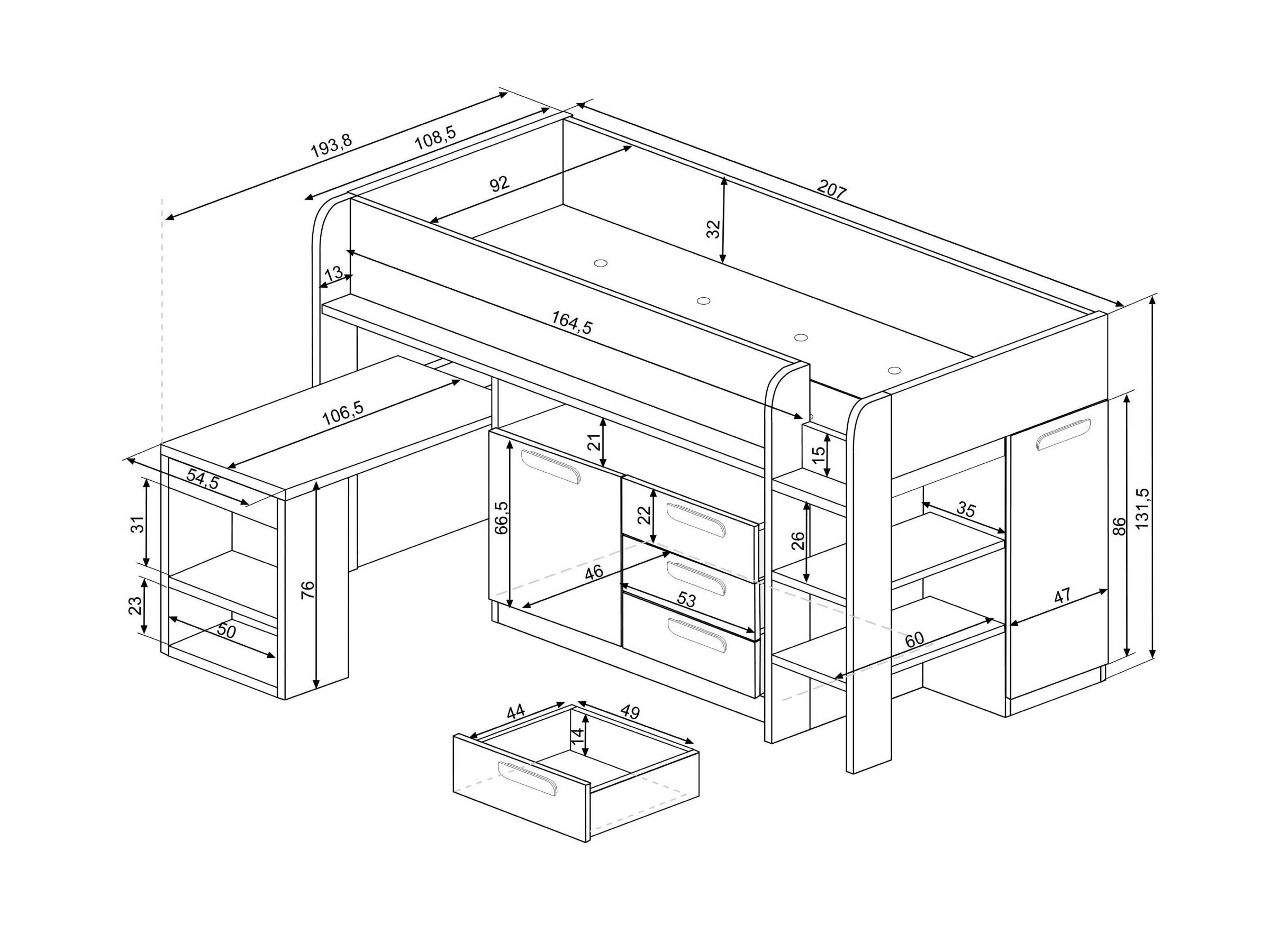 Exclusive Halvhøy Seng med Skrivebord 90x200 - Blå/Natur