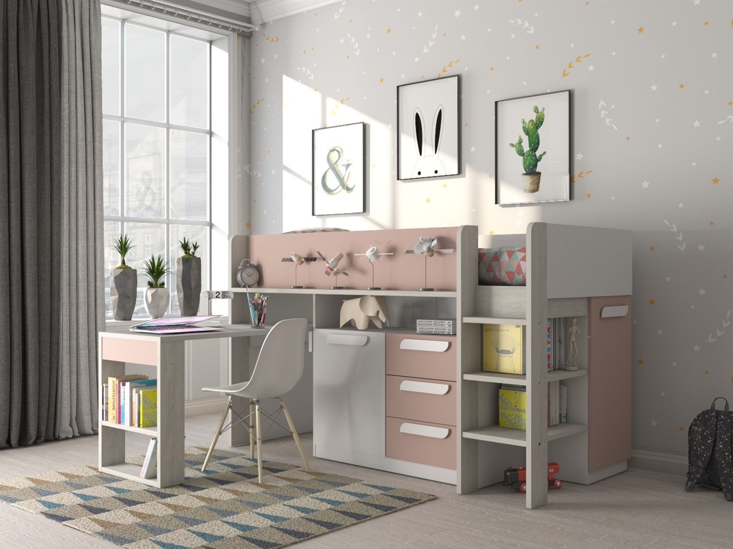 Exclusive Halvhøy Seng med Skrivebord 90x200 - Rosa/Natur