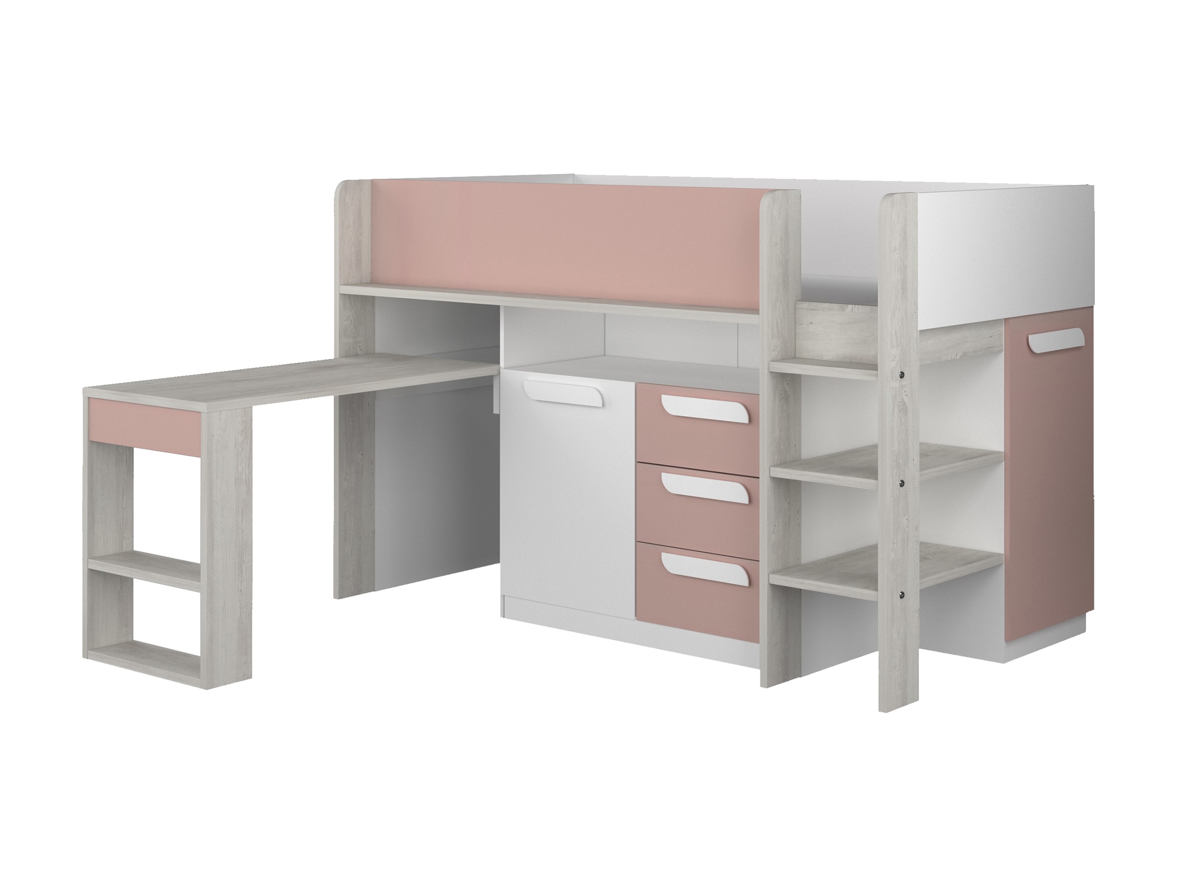 Exclusive Halvhøy Seng med Skrivebord 90x200 - Rosa/Natur