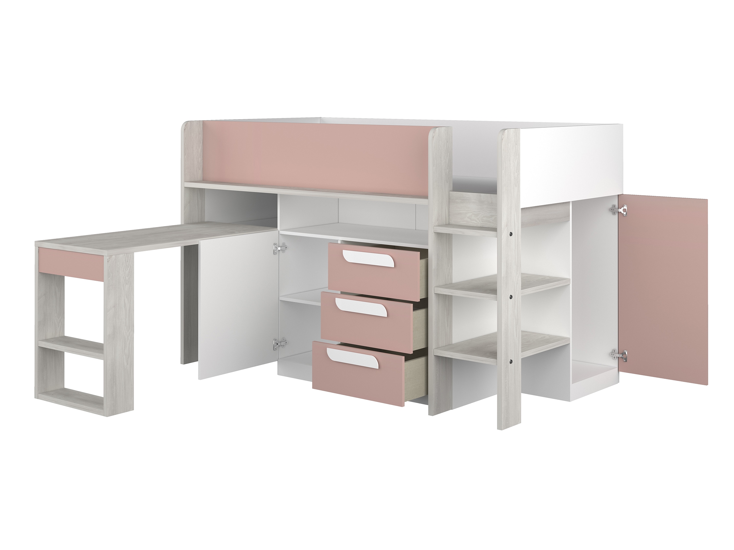 Exclusive Halvhøy Seng med Skrivebord 90x200 - Rosa/Natur