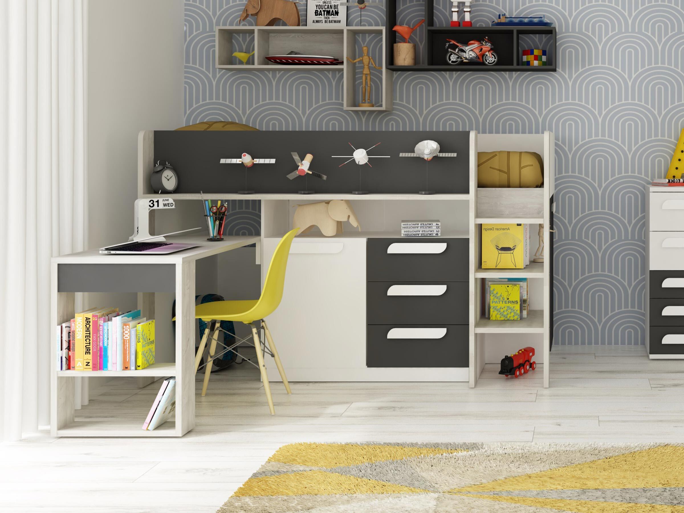 Exclusive Halvhøy Seng med Skrivebord 90x200 - Sort/Natur