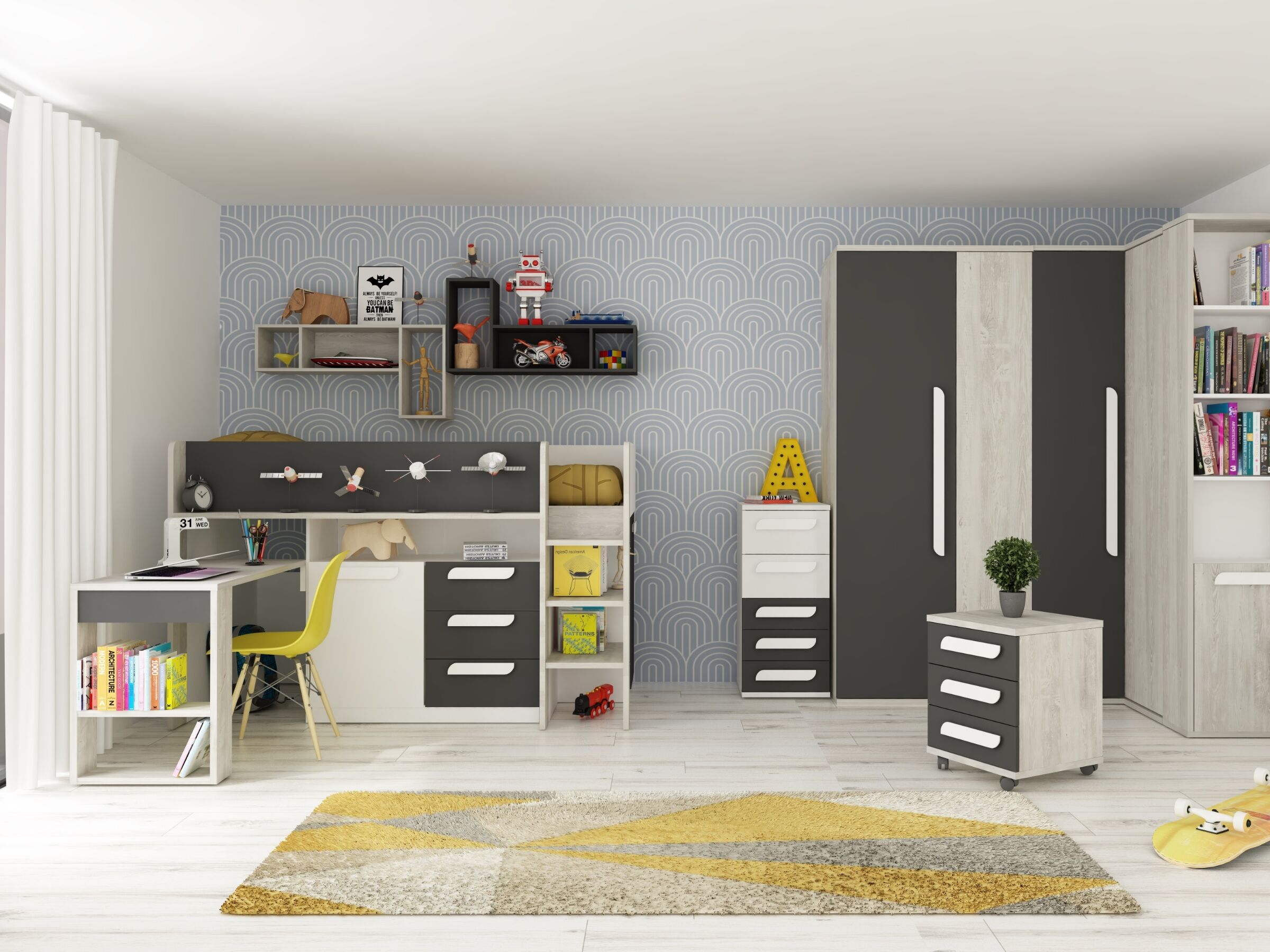 Exclusive Halvhøy Seng med Skrivebord 90x200 - Sort/Natur