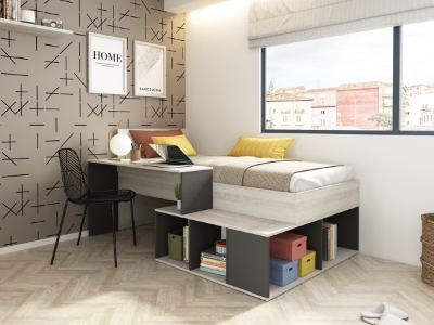 Blake Barneseng med Oppbevaring og Skrivebord 90x200 - Sort/Natur