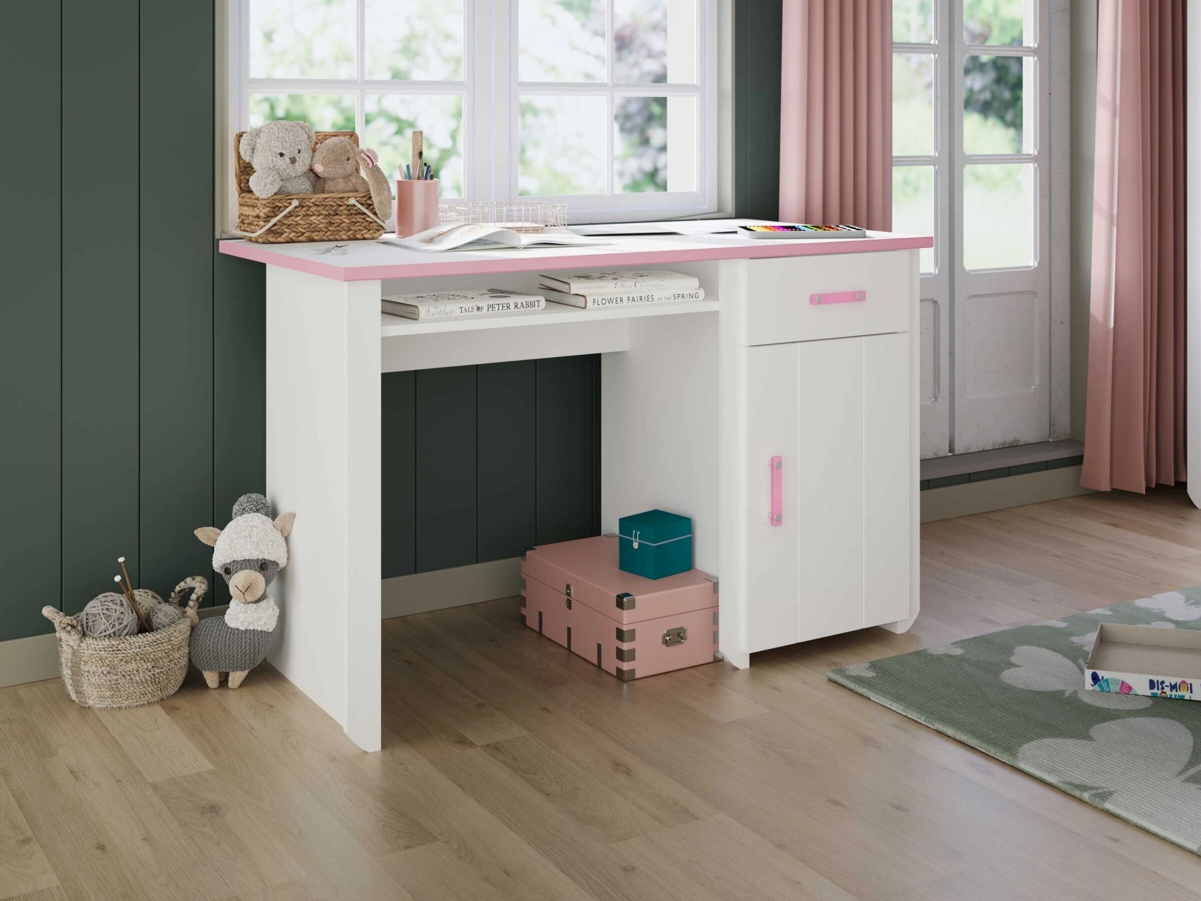 Biotiful Skrivebord med Skuff og Skap – Hvit/Rosa