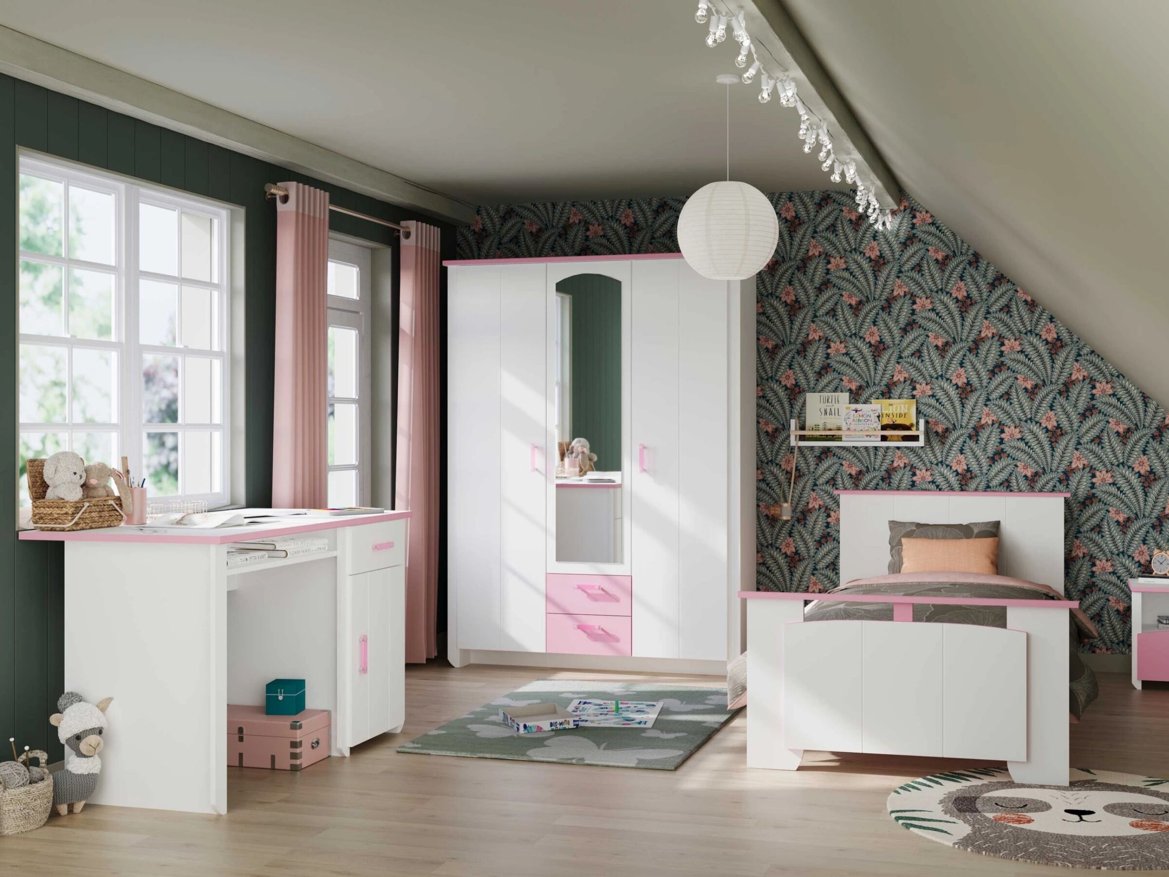 Biotiful Skrivebord med Skuff og Skap – Hvit/Rosa