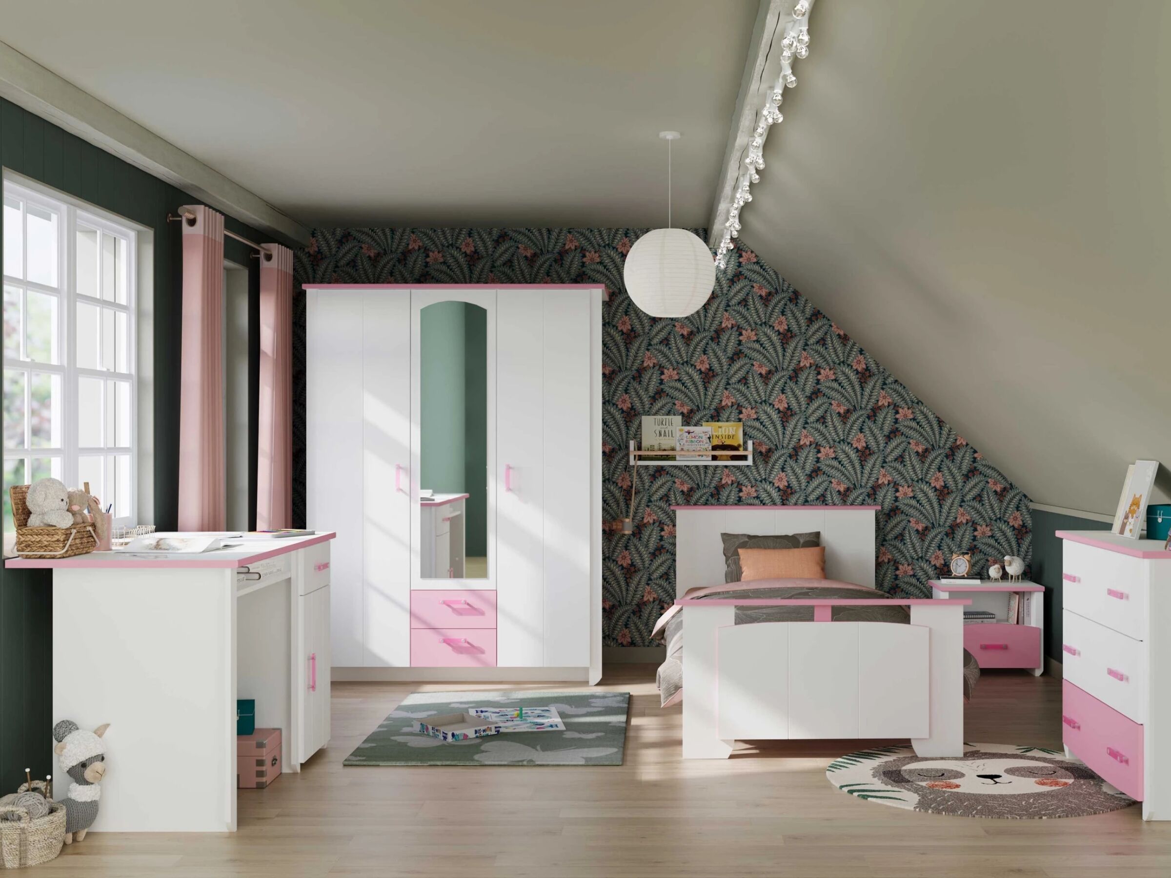 Biotiful Skrivebord med Skuff og Skap – Hvit/Rosa