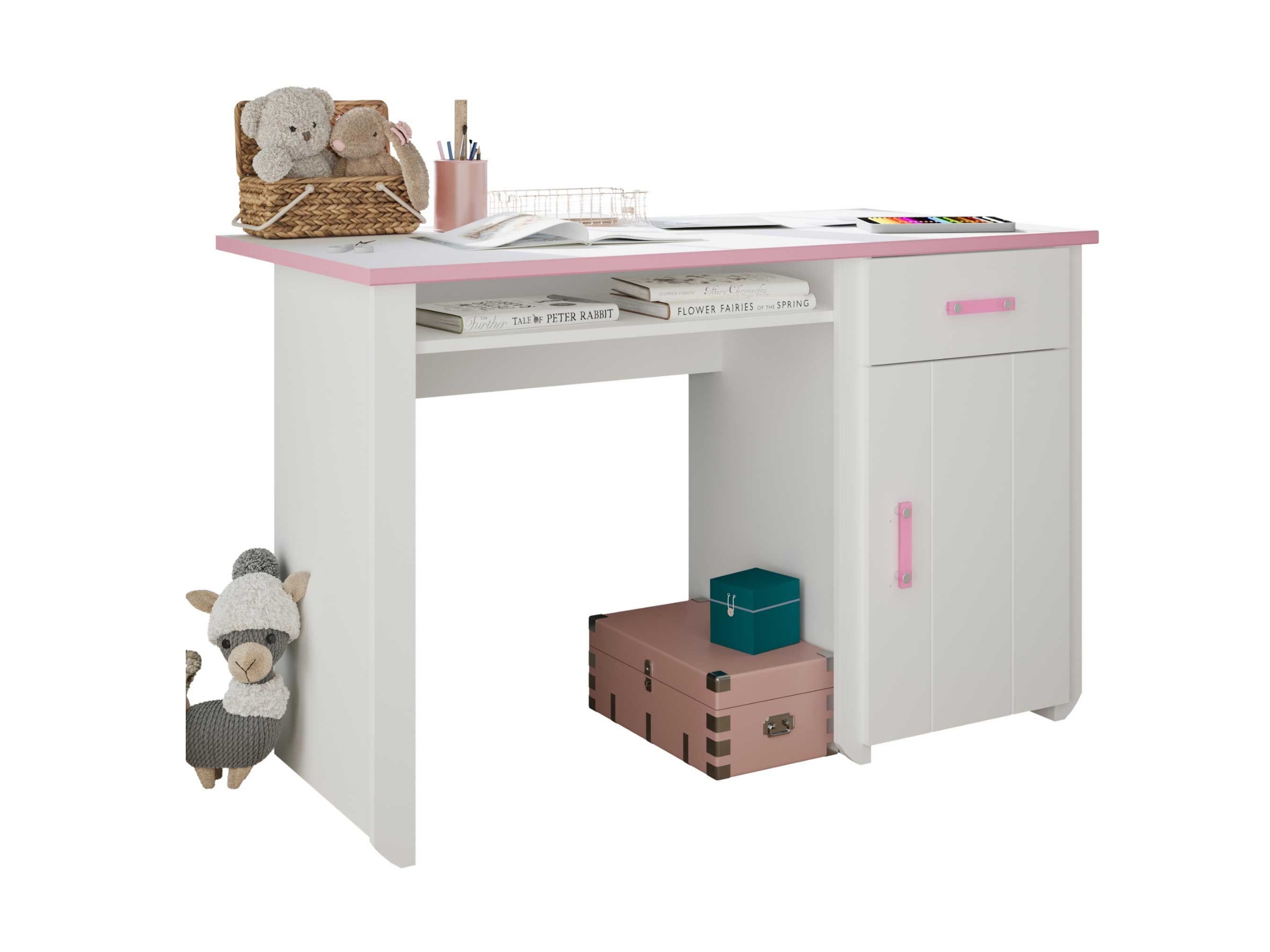 Biotiful Skrivebord med Skuff og Skap – Hvit/Rosa