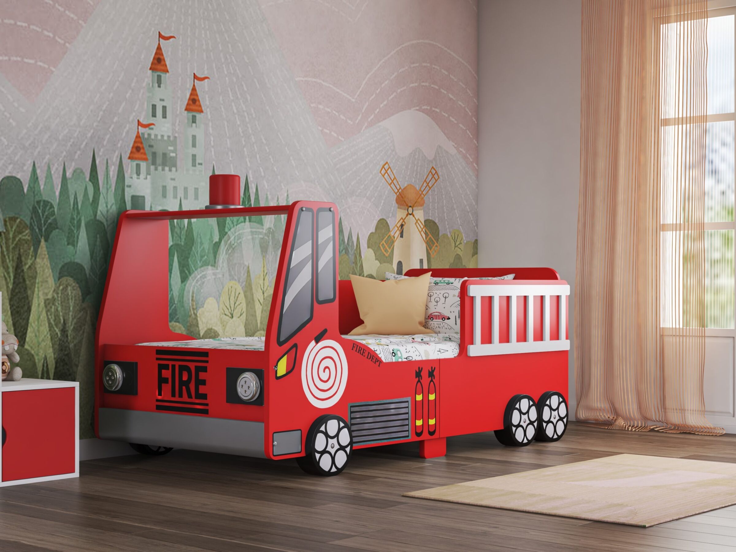 Liten Brannbilseng med LED Lys 70x140 - Rød