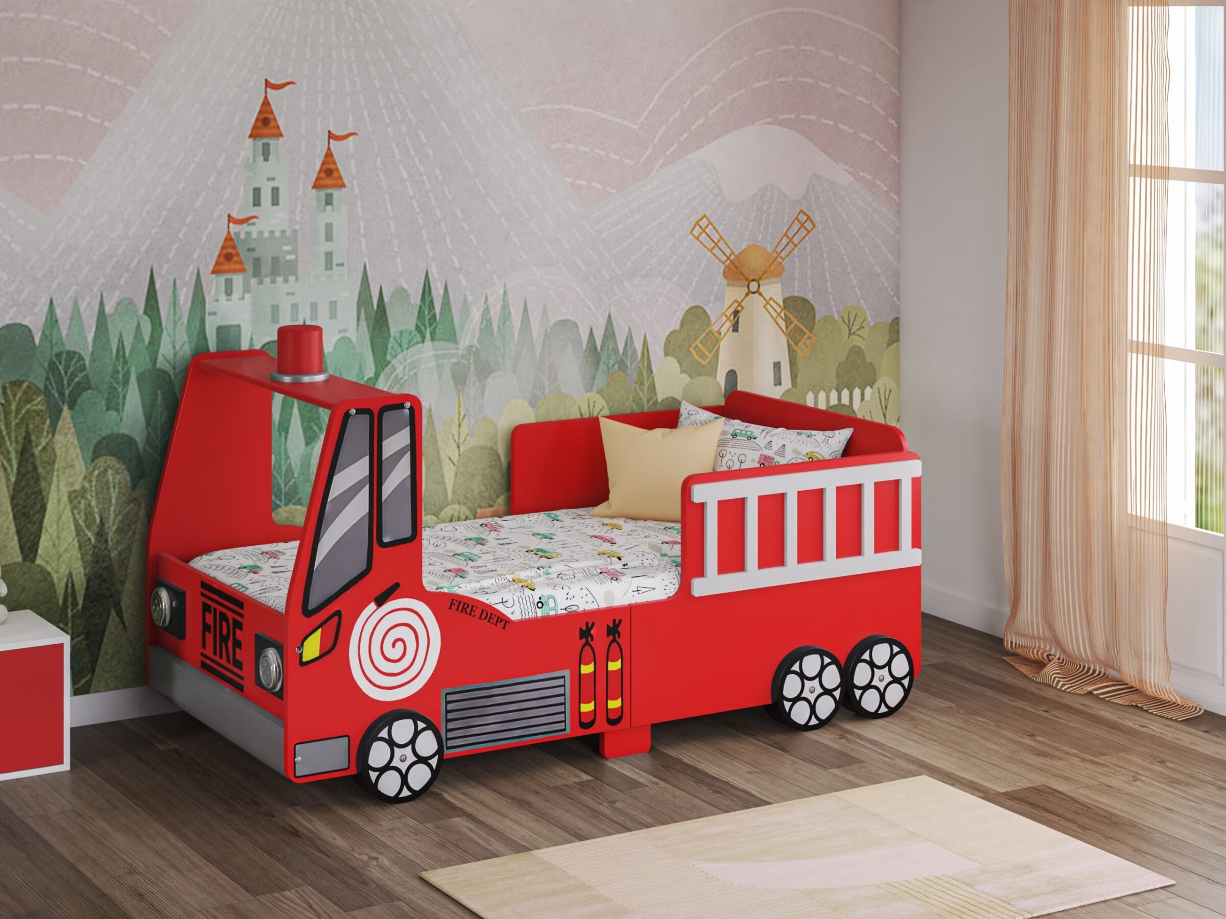 Liten Brannbilseng med LED Lys 70x140 - Rød