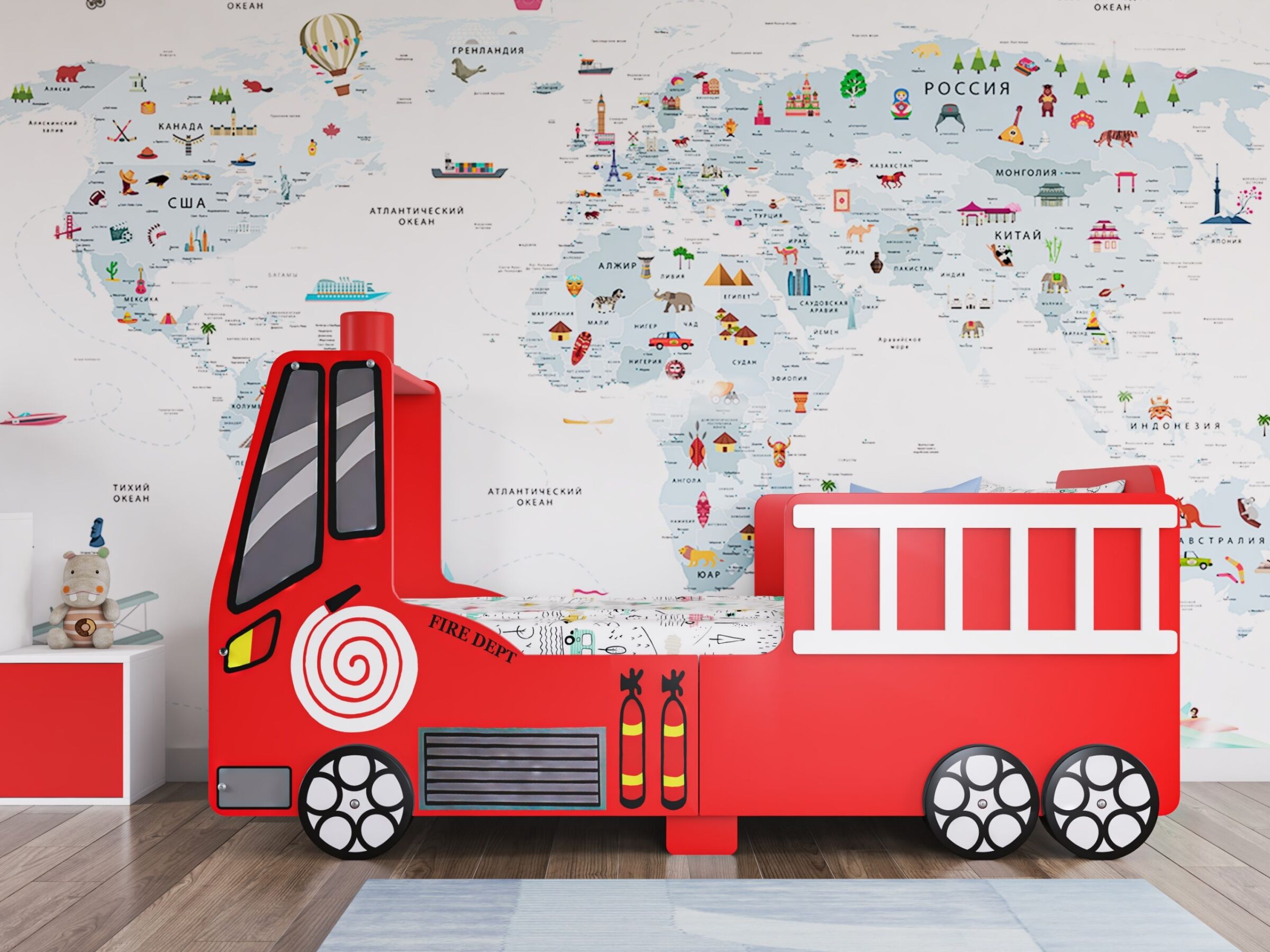 Liten Brannbilseng med LED Lys 70x140 - Rød