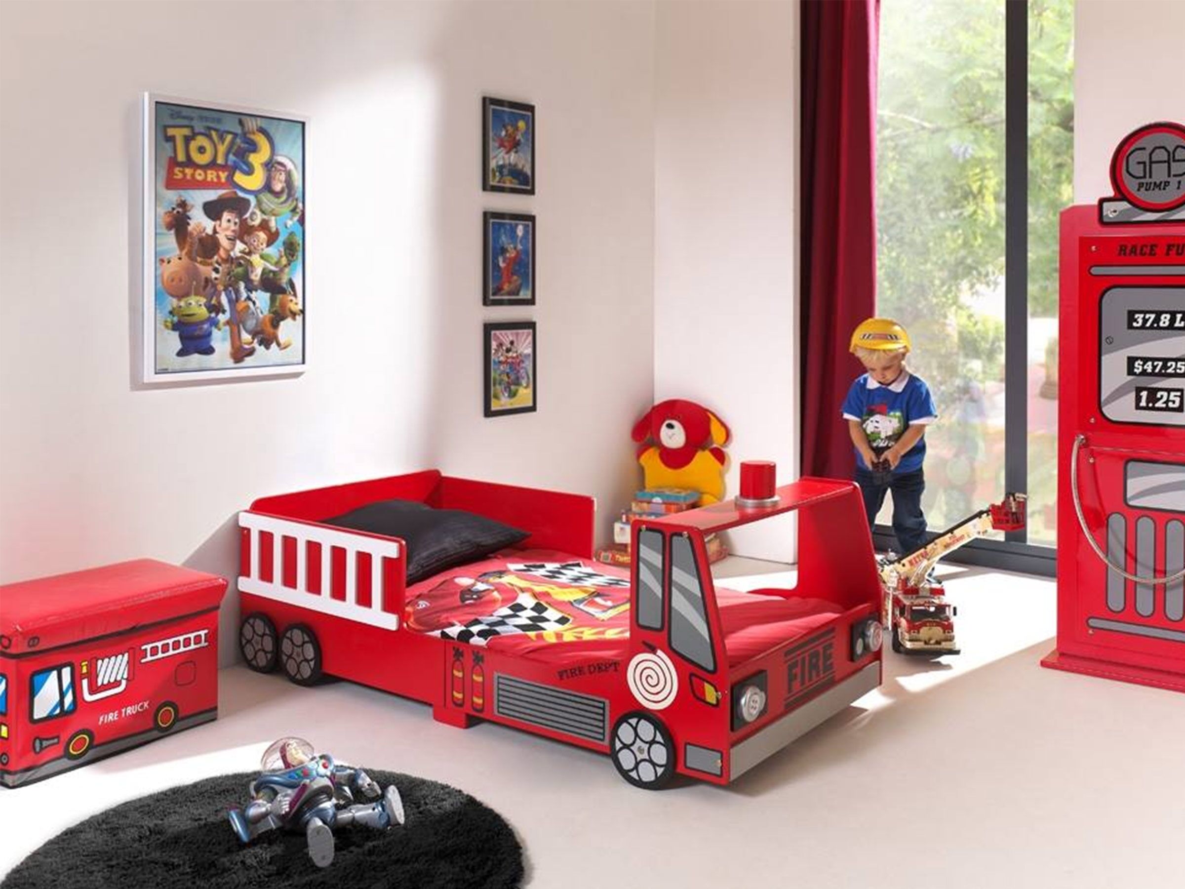 Liten Brannbilseng med LED Lys 70x140 - Rød